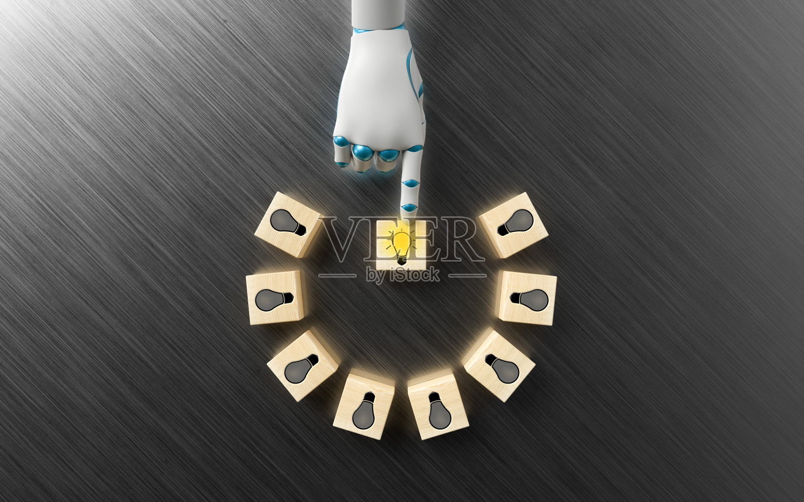 机器人手添加一个灯泡符号的立方体到其他具有商业符号的立方体- 3d插图照片摄影图片