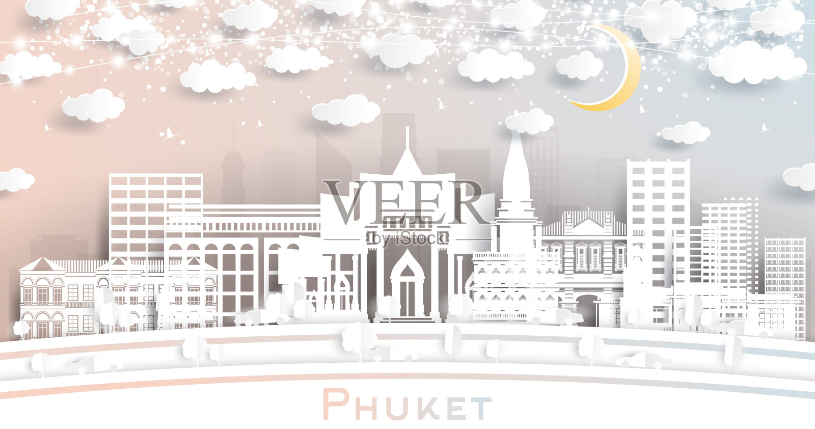 普吉岛泰国城市天际线剪纸风格与白色建筑，月亮和霓虹灯花环。插画图片素材