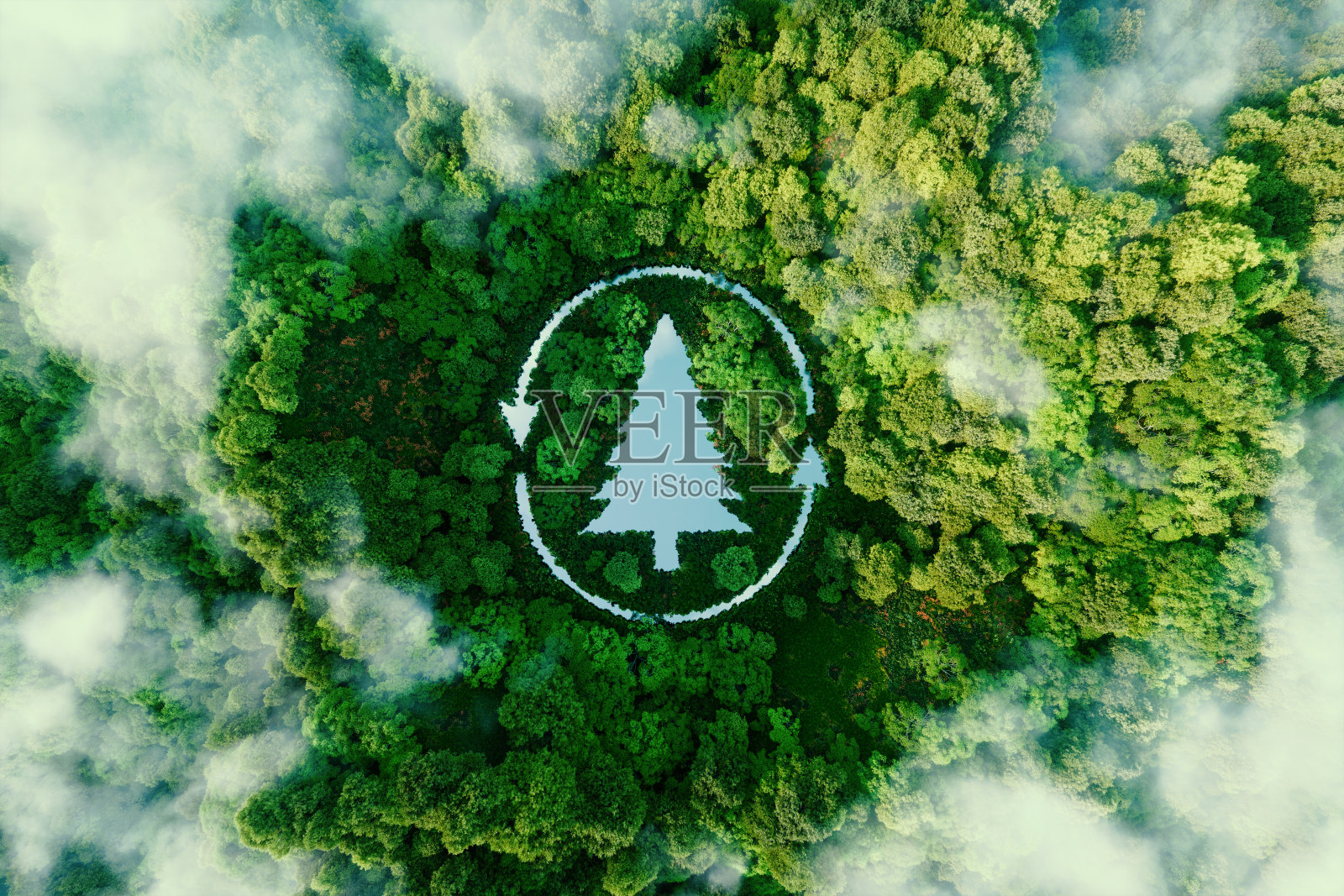 一个树木形状的湖，在健康和茂盛的自然中间，作为可持续伐木的隐喻。三维渲染照片摄影图片