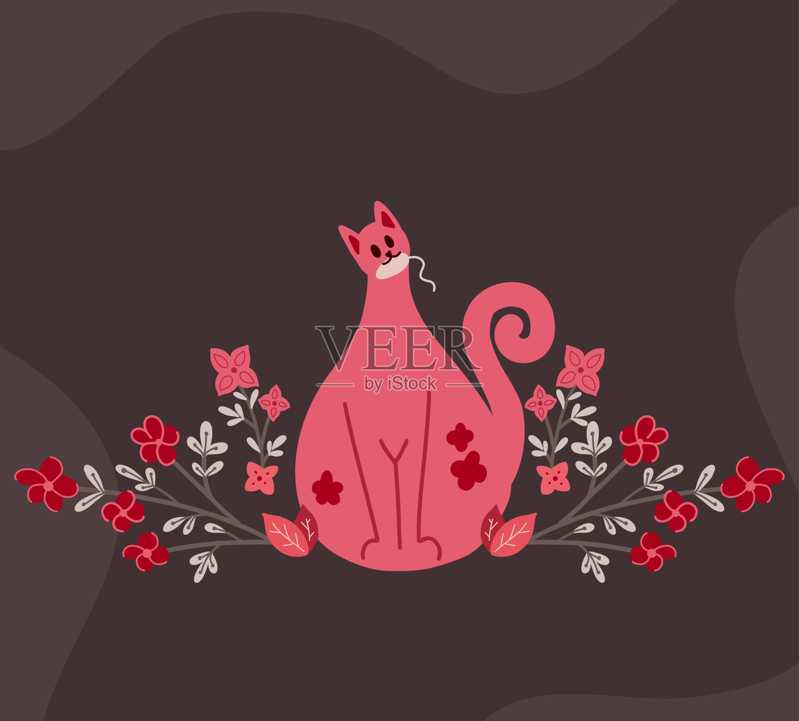 可爱的粉红猫和老鼠玩具，棕色背景的树枝上有花。精致的平面插画游戏宠物与花卉图案。向量暗色标书插画图片素材