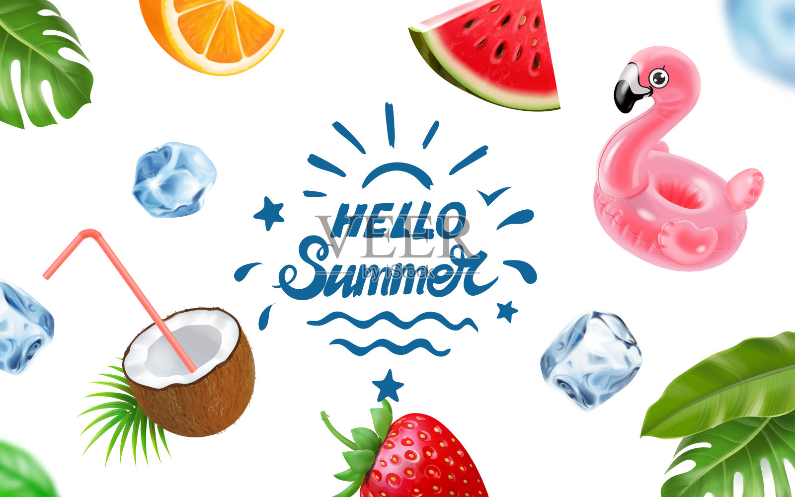 Hello Summer海报，白色背景。热带植物，充气火烈鸟，鸡尾酒，冰块，西瓜，插画图片素材