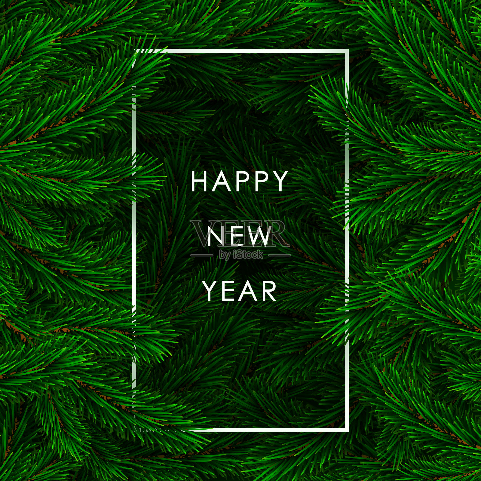 新年快乐。杉枝背景与白色框架。圣诞节的装饰元素。绿色彩色松木图案。新年树的树枝背景。向量背景图片素材