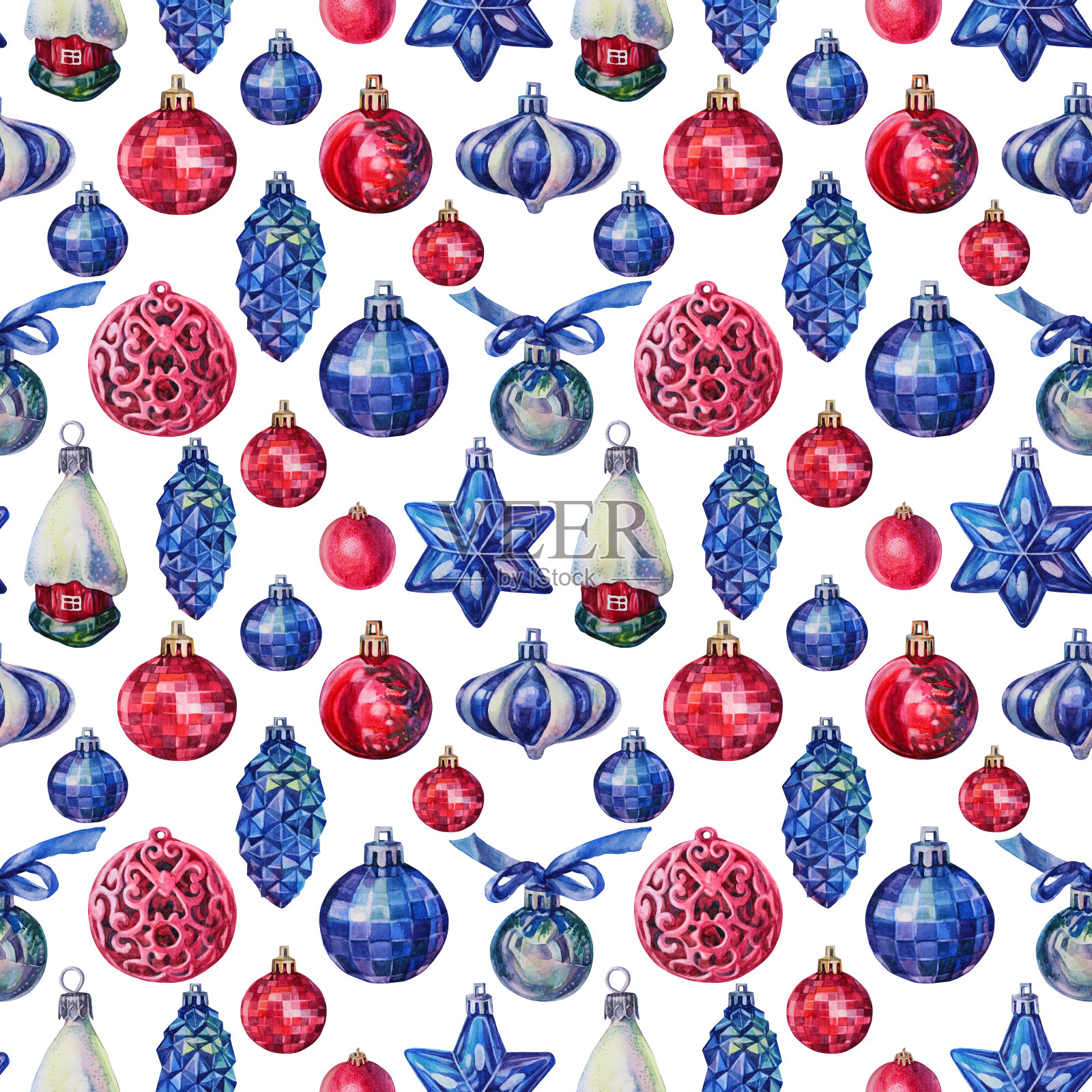 无缝图案水彩手绘蓝红色闪亮圣诞装饰球和家与雪在白色的背景。创意玩具剪纸为新年，庆祝，墙纸，包装，素描本背景图片素材