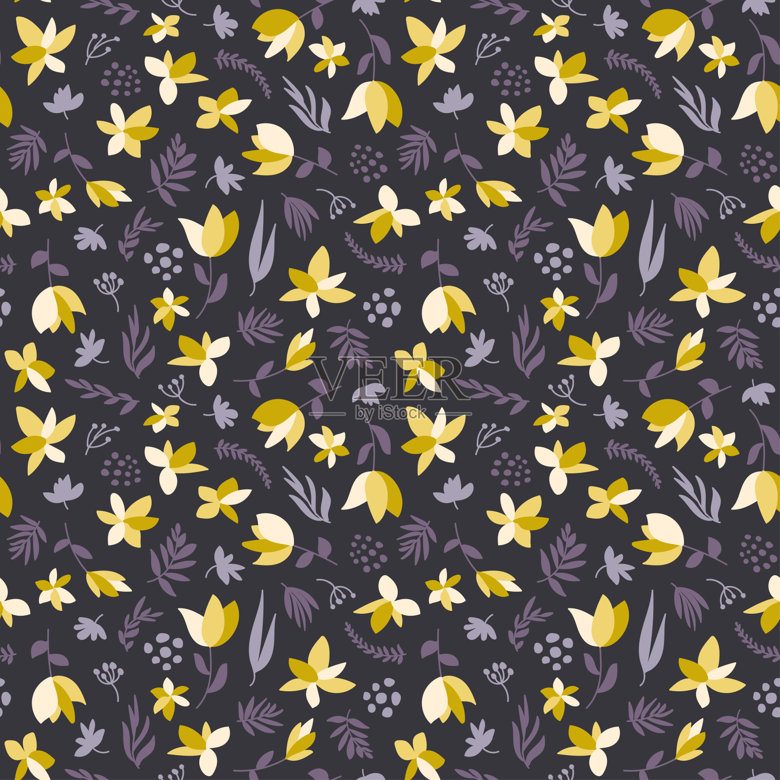黄色、奶油色、芥末色和紫色的花型无缝拼接。插画图片素材