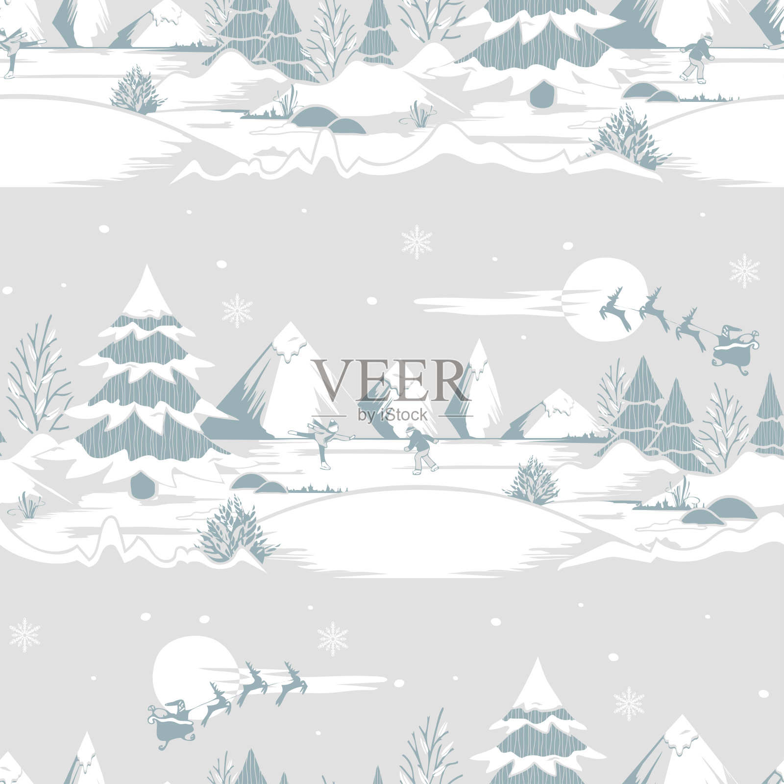 在米色背景上重复冬季景观向量模式。简单的圣诞墙纸设计。溜冰装饰时尚纺织品。插画图片素材