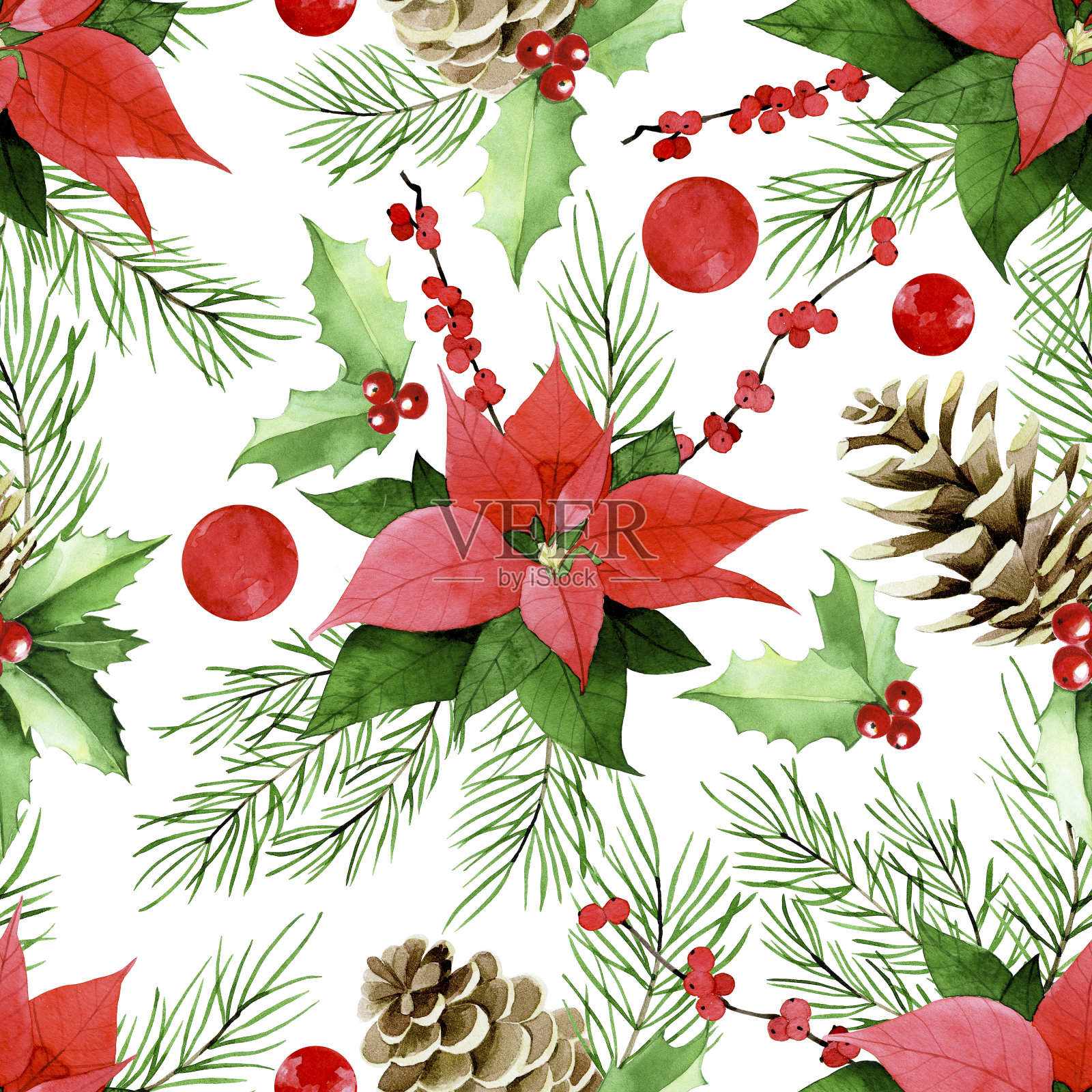 水彩无缝图案的主题圣诞，新年。老式版画与冷杉枝，poinzeta，松果在白色的背景插画图片素材