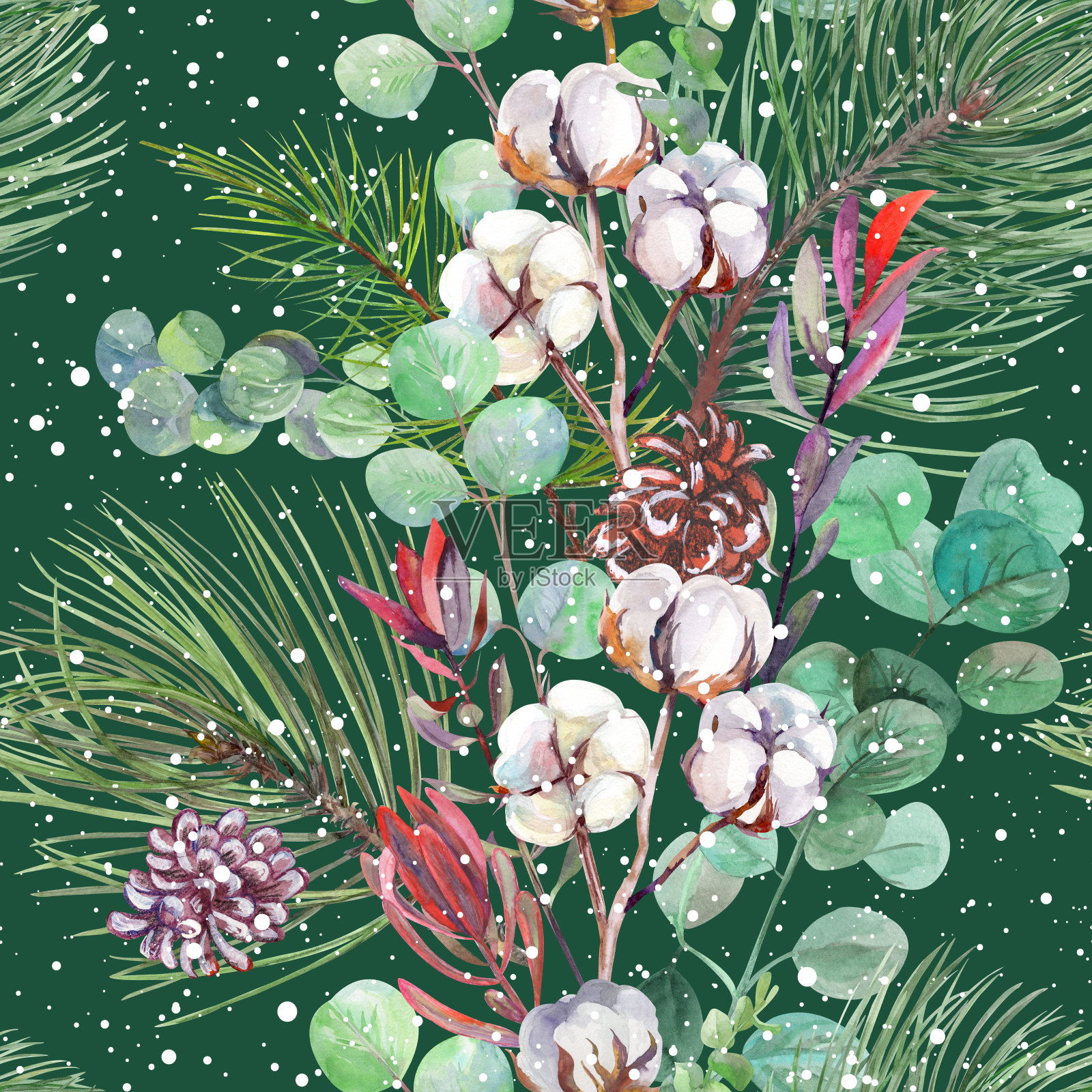 无缝的圣诞图案用水彩画冷杉树枝和冬天的干花和雪背景图片素材