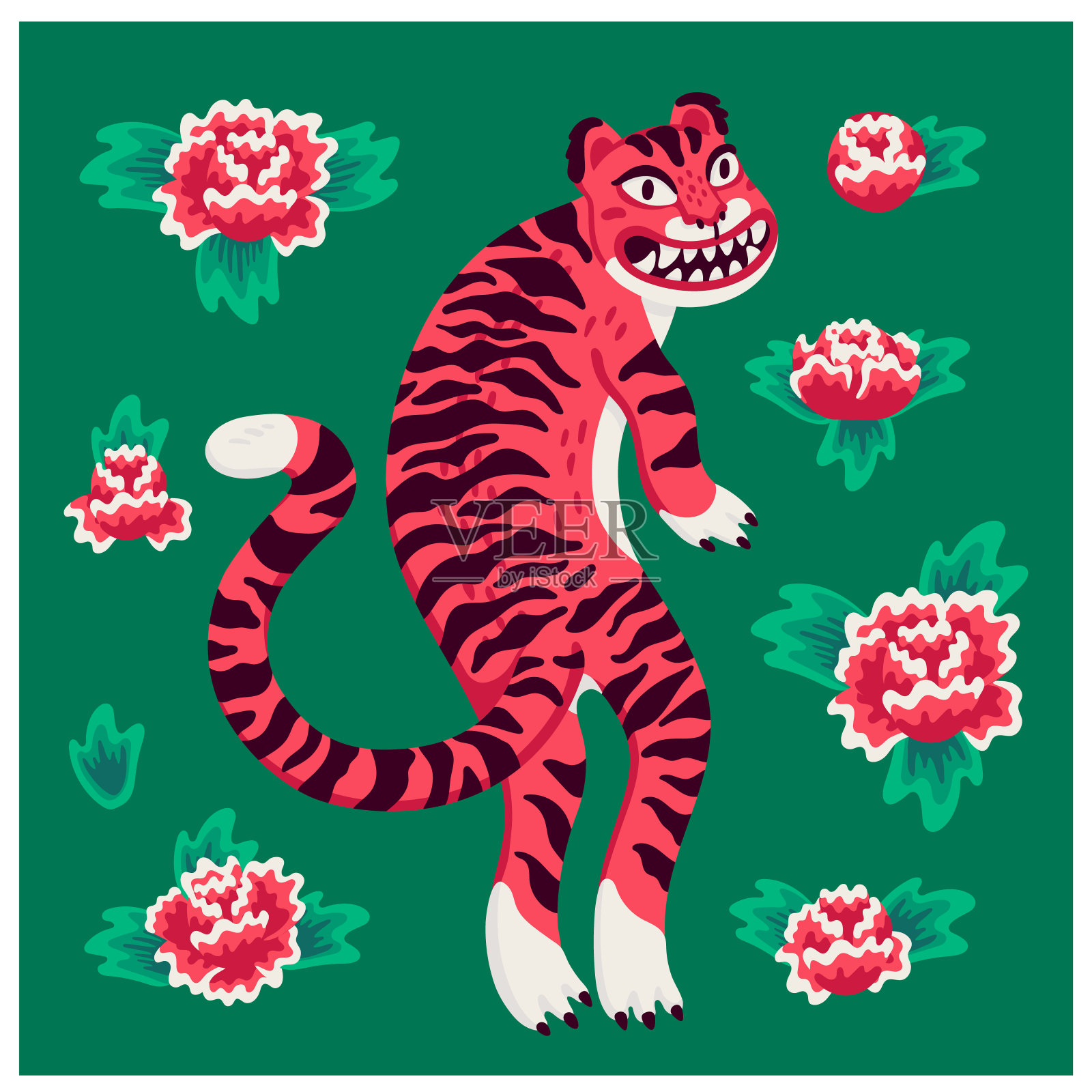 老虎矢量插图，有趣的卡通粉红色的老虎在绿色的背景与花在亚洲风格。有机平面风格矢量插图插画图片素材