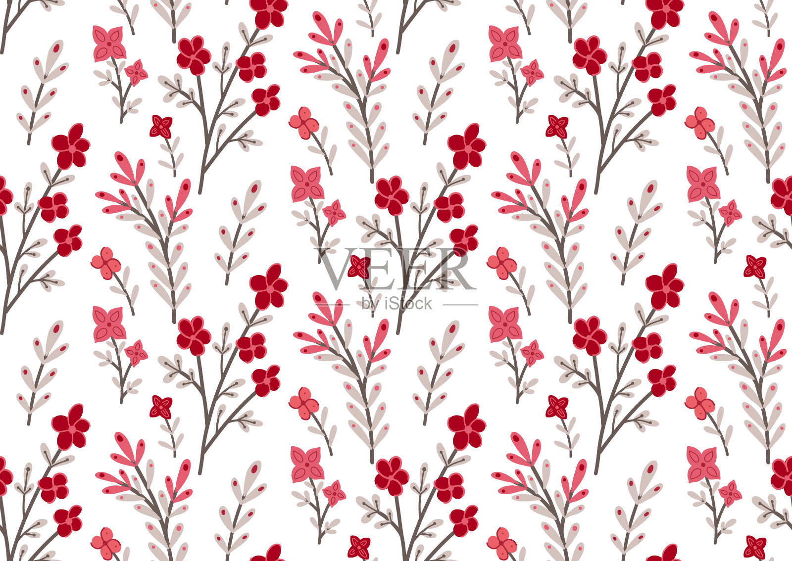无缝模式与小粉红色的花在树枝上的白色背景。自然纹理与樱花枝。向量花卉图案的壁纸。精致的织物插画图片素材