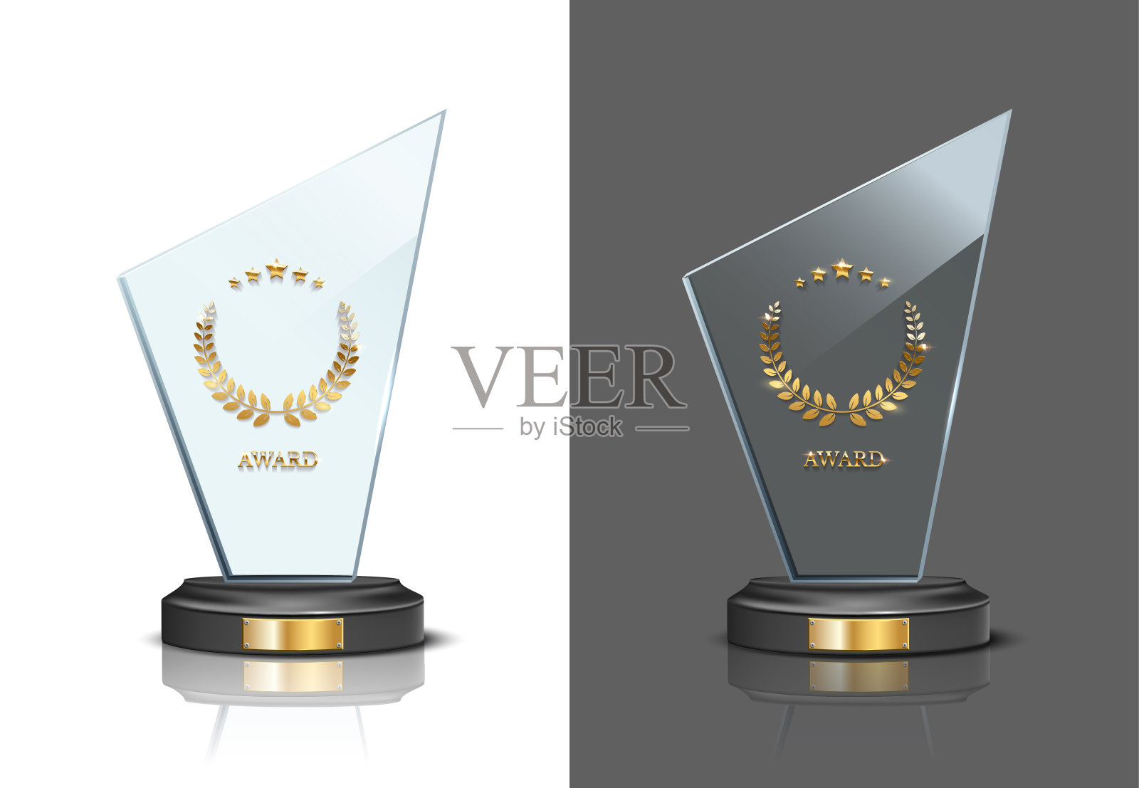 玻璃或水晶奖为获胜者设置奖品，3d奖杯与金月桂花环，星星插画图片素材