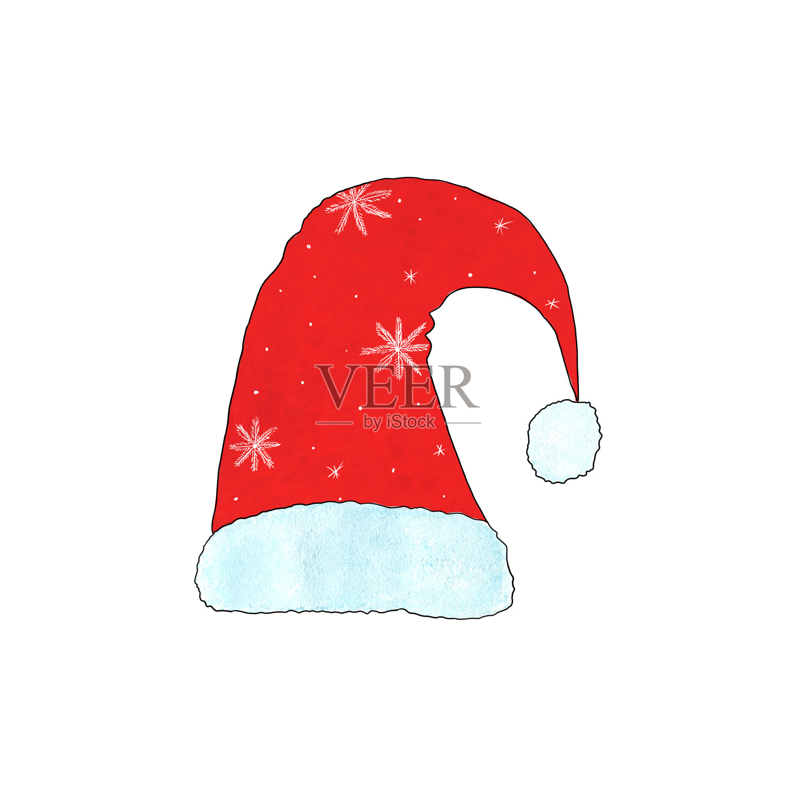红色的圣诞老人帽子白色的皮毛和雪花图案孤立在白色的背景。图标。圣诞节的象征。水彩插图。用于设计节日贺卡。插画图片素材