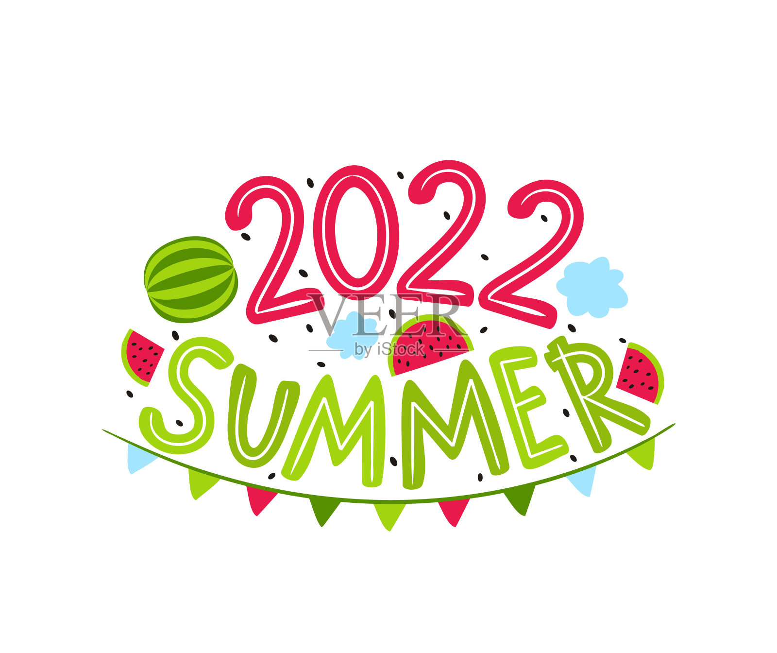 2022年夏季标志，手绘西瓜、云彩和花环。插画图片素材