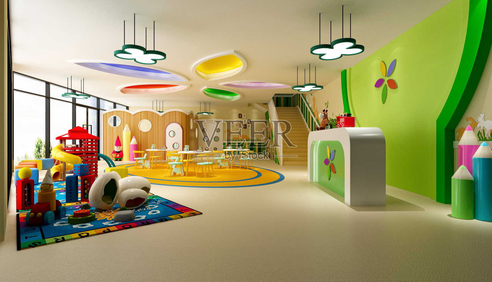3d渲染的幼儿园房间，儿童学校室内照片摄影图片
