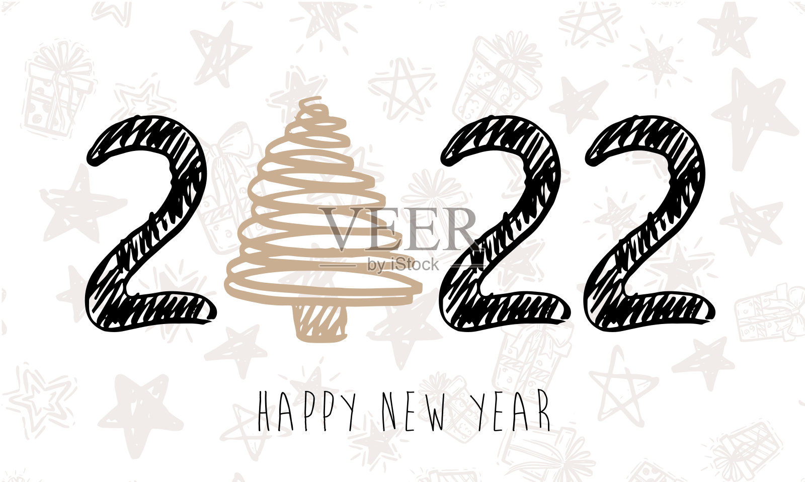 2022年新年快乐。圣诞树。手绘插图。插画图片素材