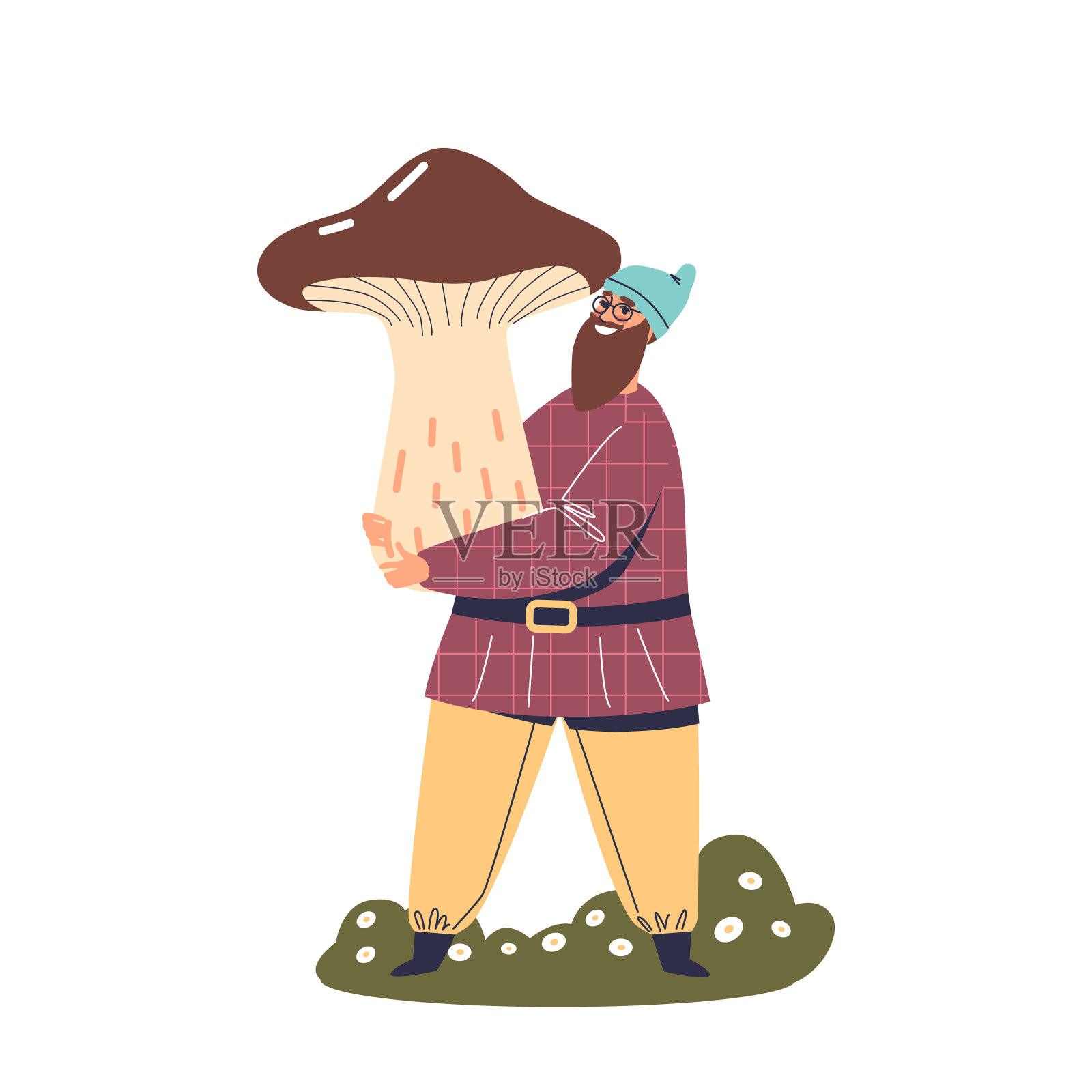 有趣的花园侏儒拿着巨大的蘑菇。长着长胡子的可爱卡通小矮人正在收割庄稼插画图片素材