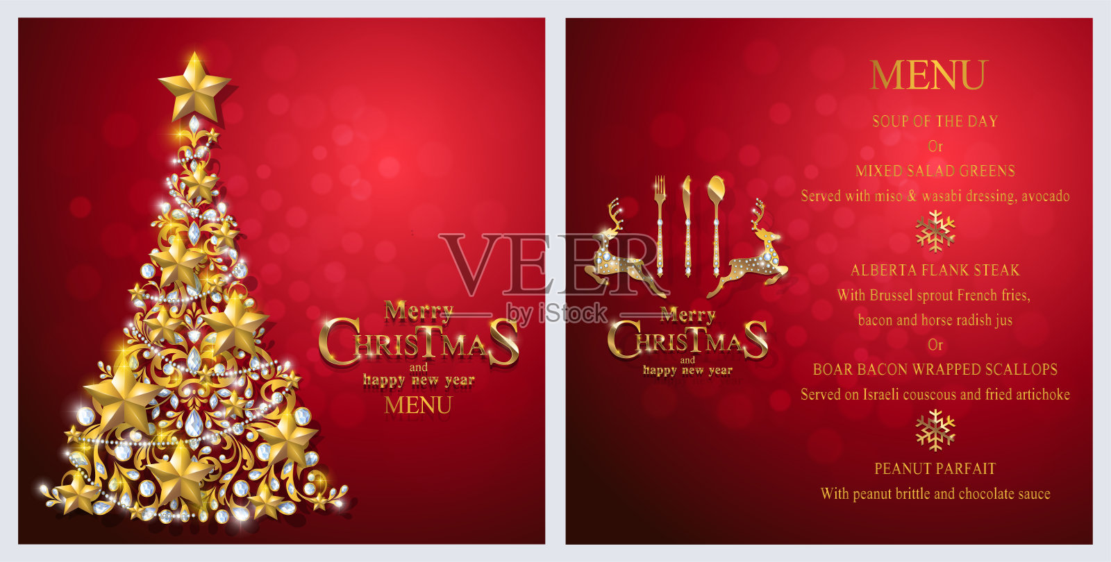 圣诞和新年快乐菜单与黄金图案和水晶纸颜色。设计模板素材