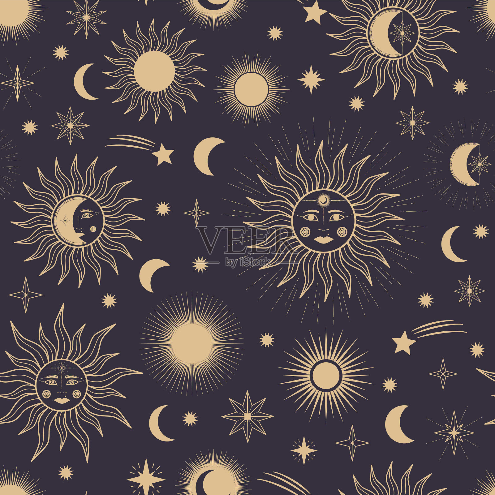 手绘无缝图案的不同太阳月亮插画图片素材