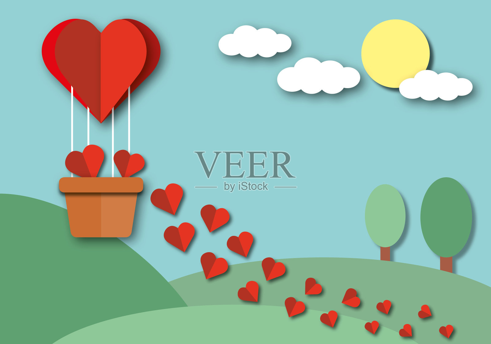 红心与气球篮子在山上和天空的背景。情人节贺卡或婚礼贺卡。插画图片素材
