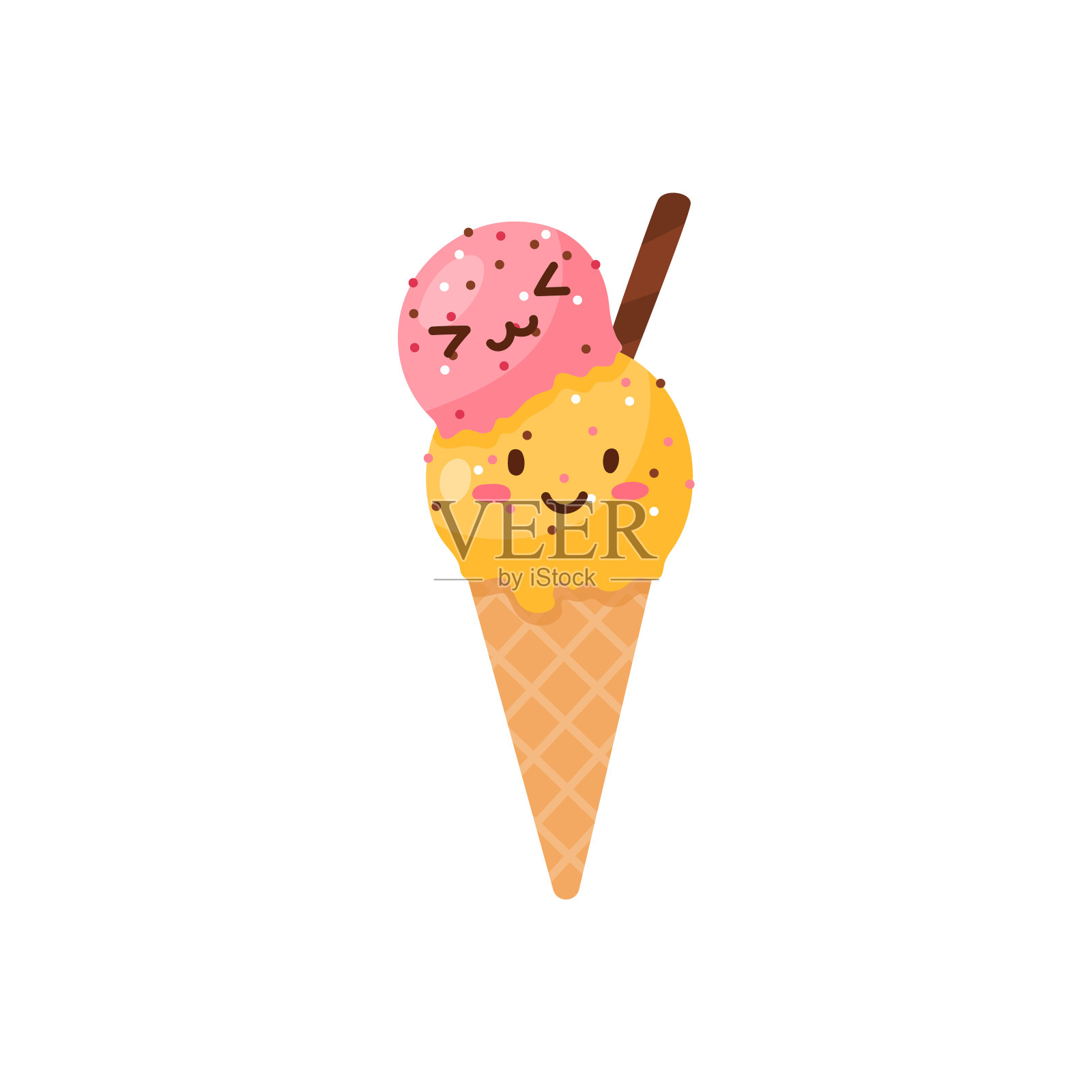 冰淇淋舀在华夫蛋筒可爱的面孔，平面矢量插图孤立在白色背景。插画图片素材