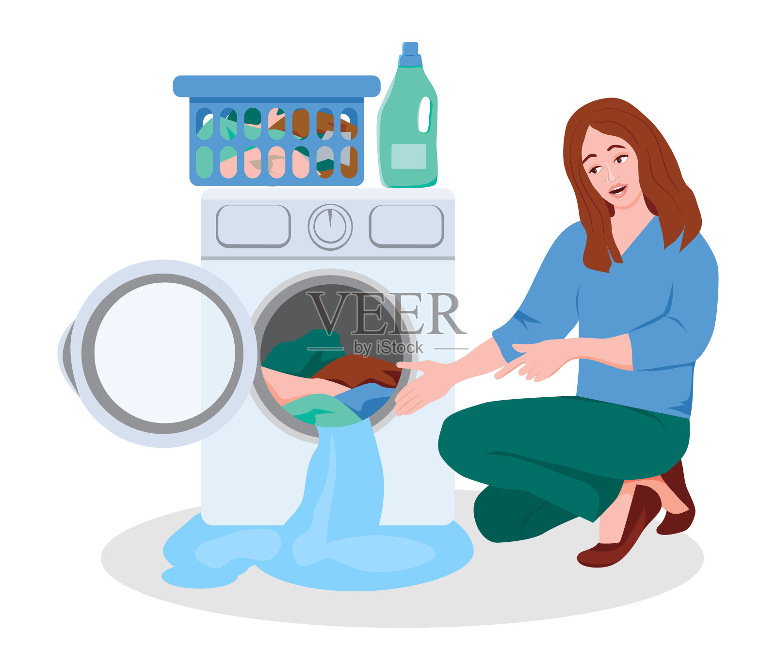 往洗衣机里倒洗衣液的妇女照片摄影图片_ID:316031439-Veer图库