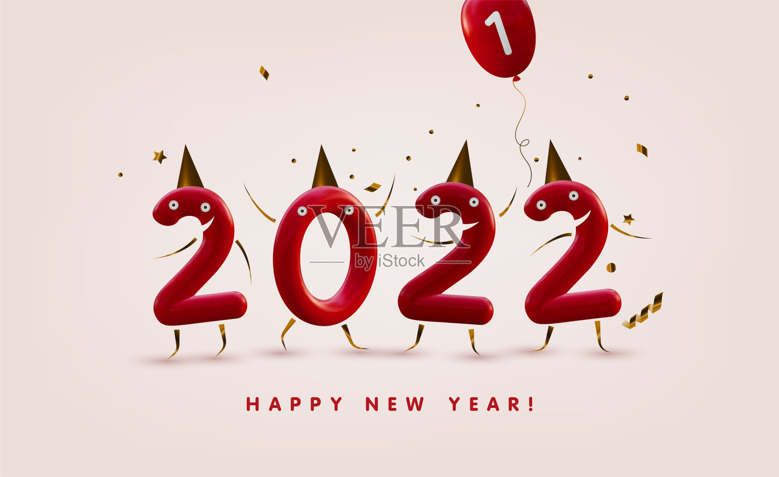 新年快乐2022 3d现实的红色向量字母插图与有趣的数字字符。插画图片素材