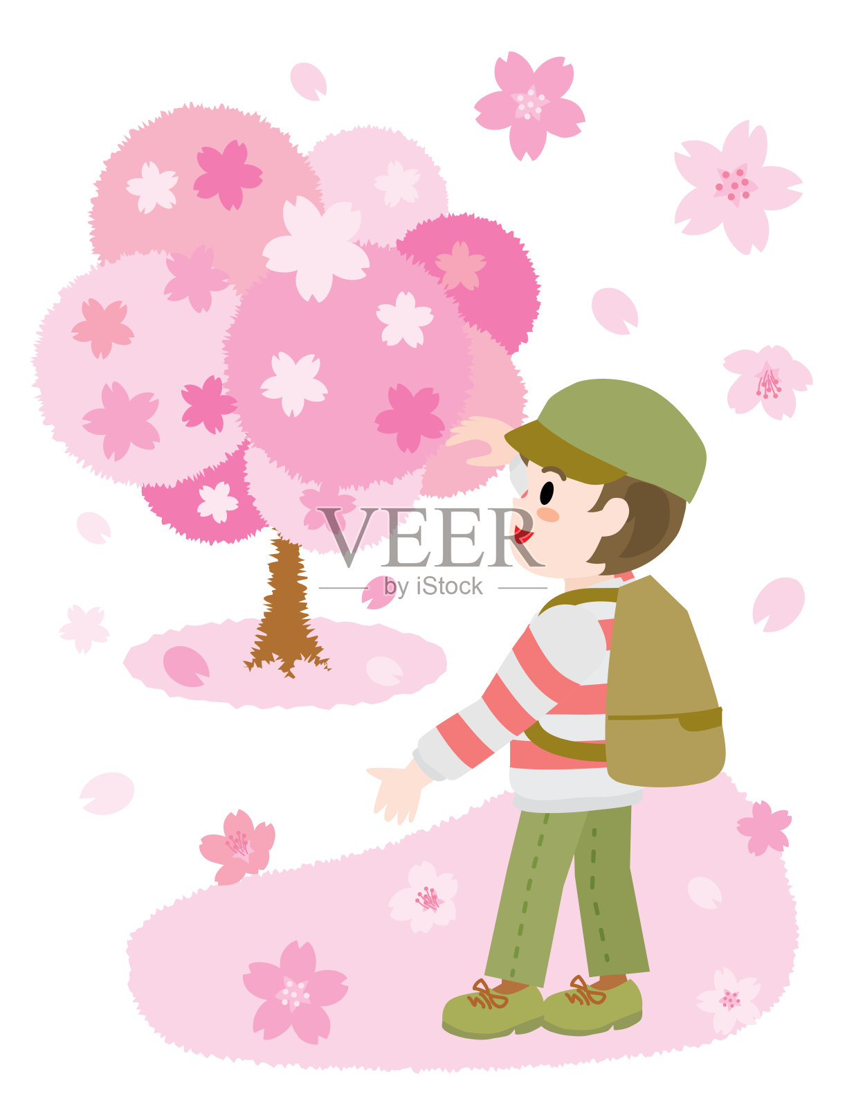 孩子在春天看樱花的插图。插画图片素材