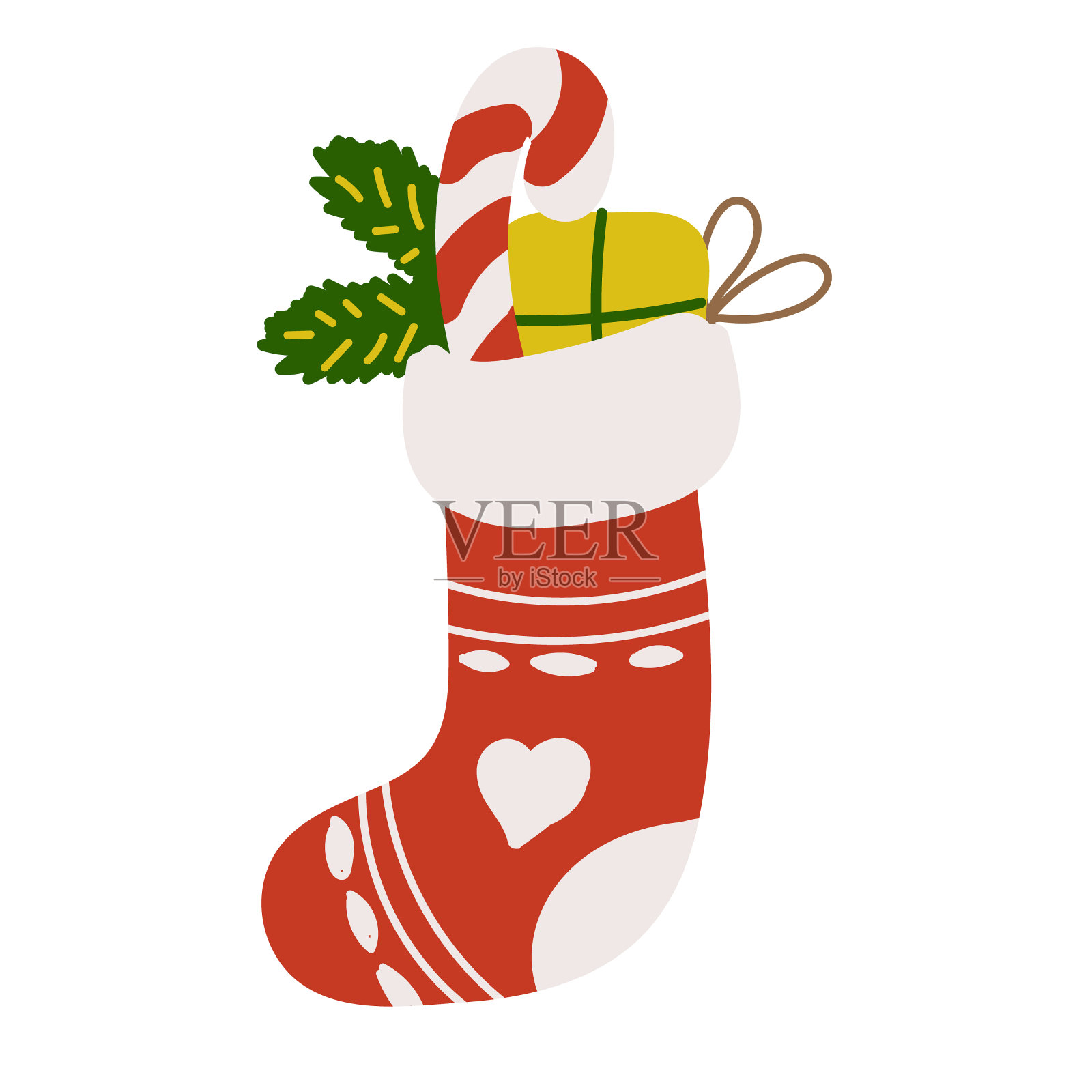 有礼物、棒棒糖和松枝的圣诞袜子插画图片素材