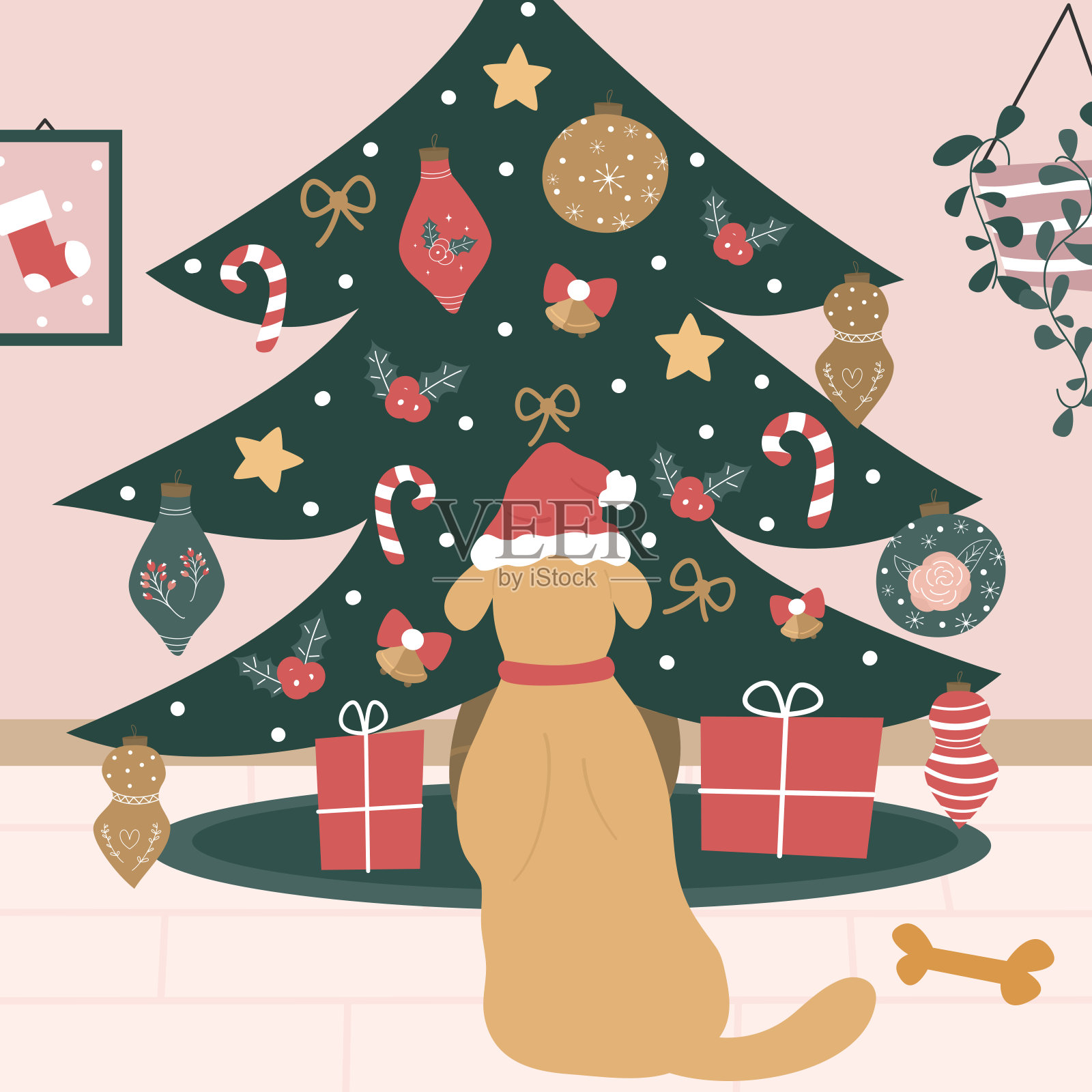 可爱的卡通彩色手绘节日矢量插图与华丽的圣诞树，礼盒和狗与圣诞老人的帽子插画图片素材