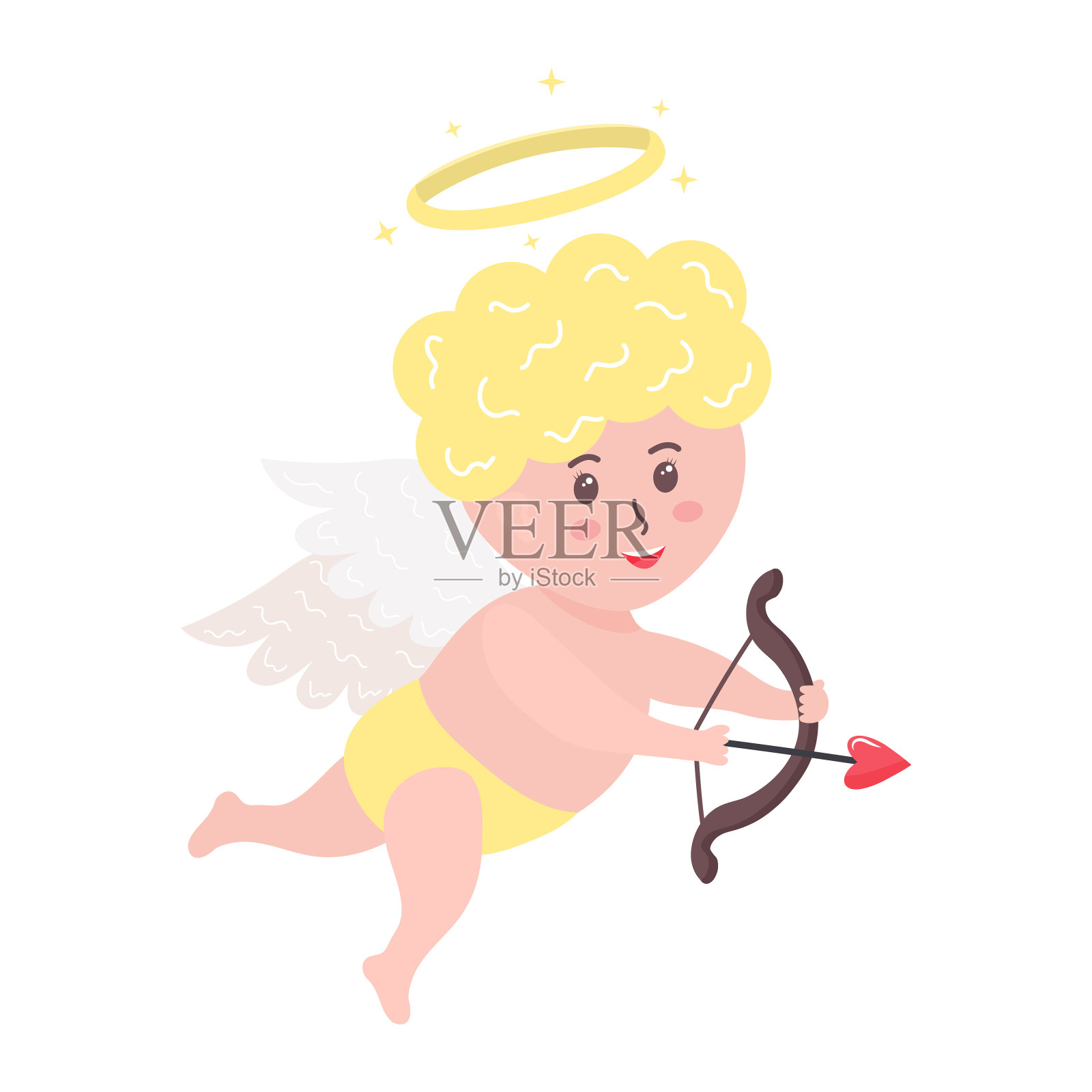 可爱的丘比特宝宝与心箭，弓和光环。插画图片素材