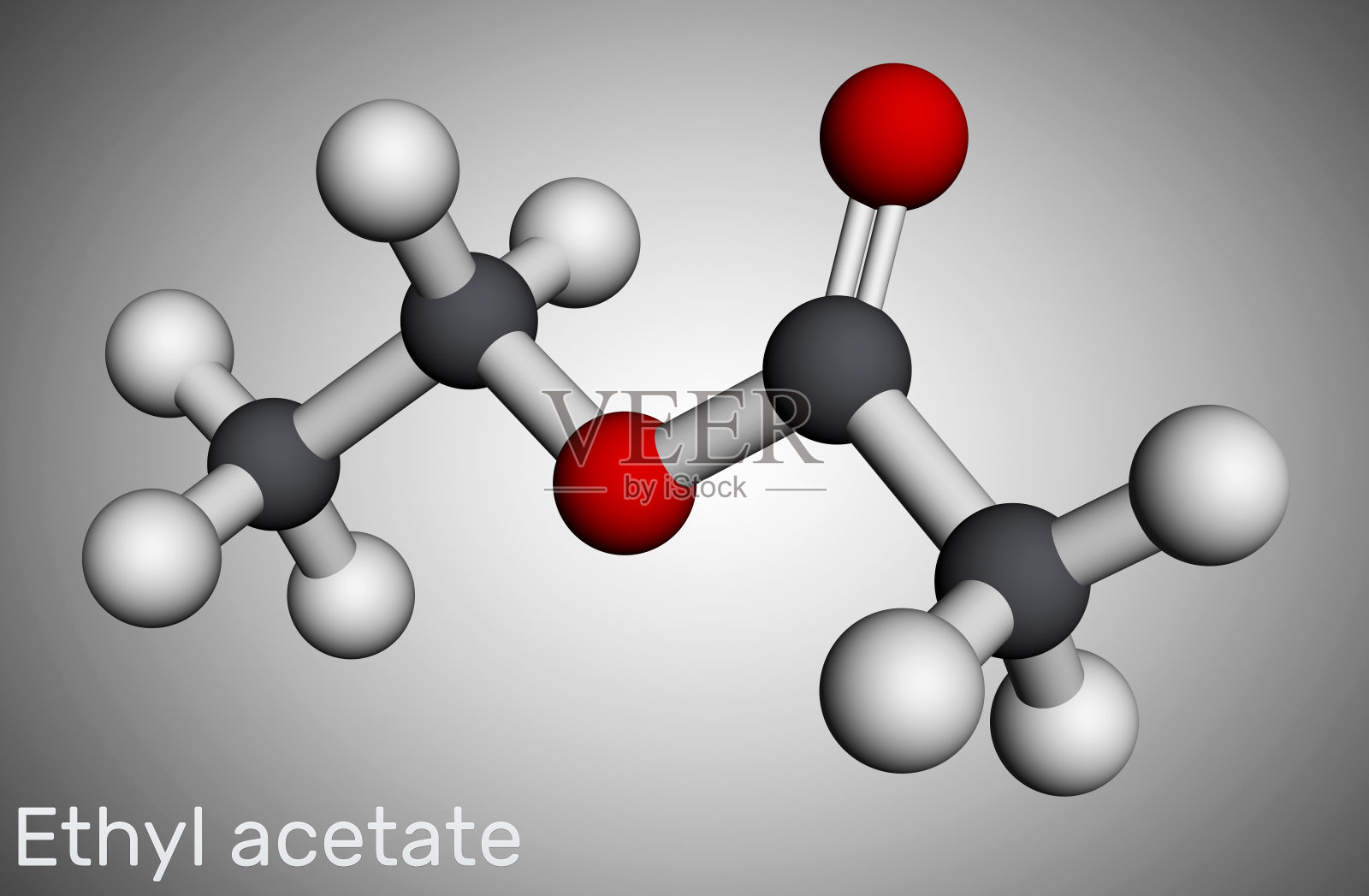 乙酸乙酯，乙醇酸乙酯分子。它是醋酸酯，极性非质子溶剂，附加添加剂E1504。分子模型。三维渲染插画图片素材