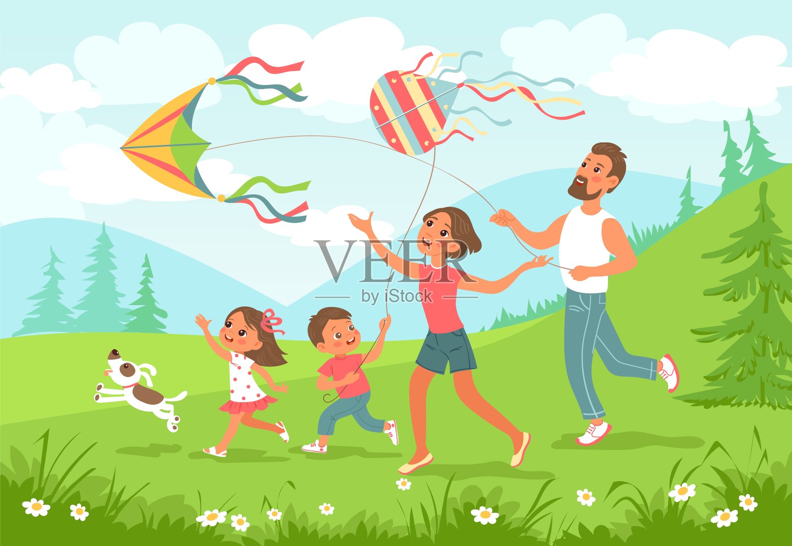 家人放风筝。户外联合活动。快乐的孩子和父母玩空中玩具。爸爸妈妈和儿子女儿一起在公园散步。夏季休闲。向量的概念插画图片素材