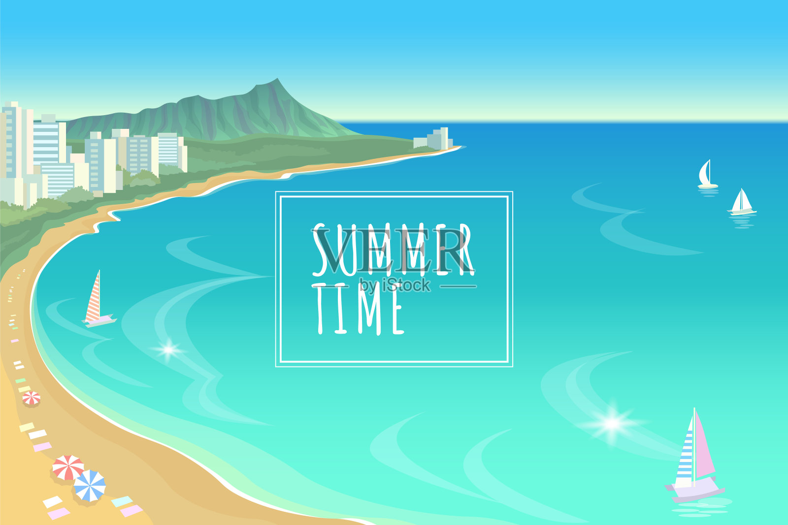 夏威夷海湾碧水蓝天夏日旅游度假背景。船沙滩伞炎热的一天场景景观视图矢量插图插画图片素材