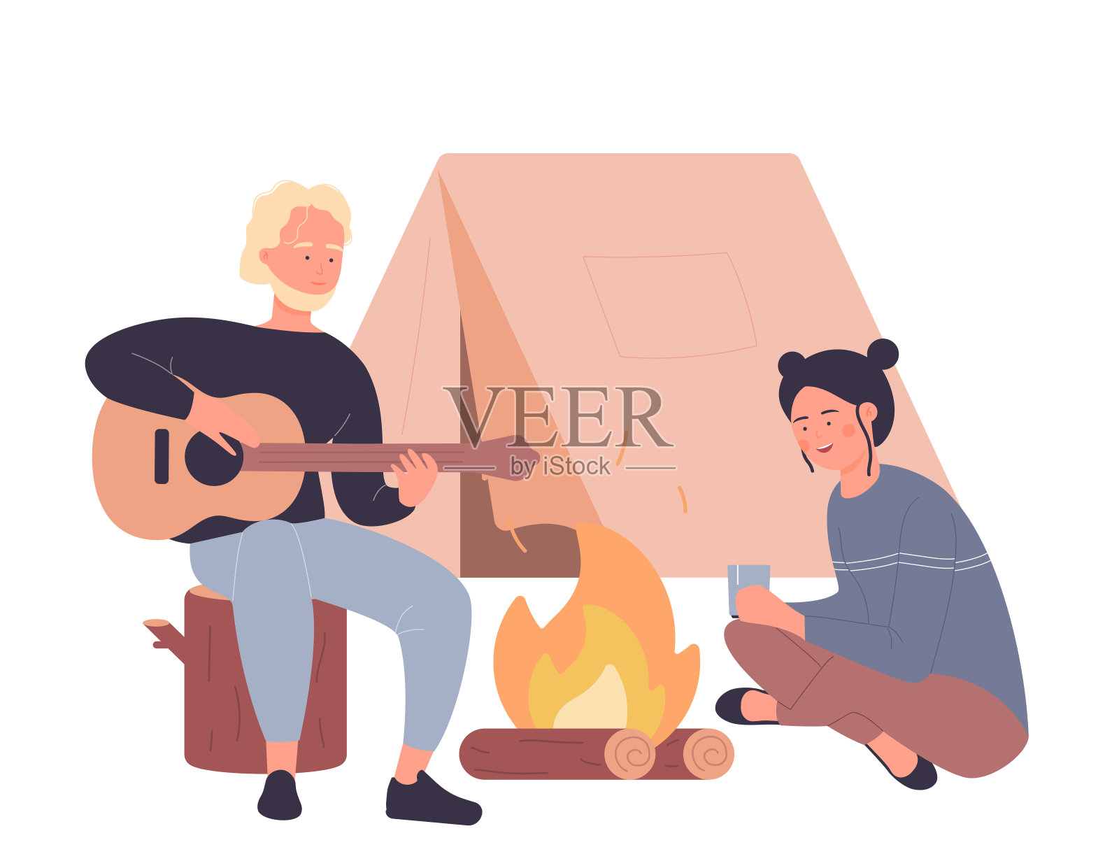 朋友们在露营时围着篝火弹吉他插画图片素材
