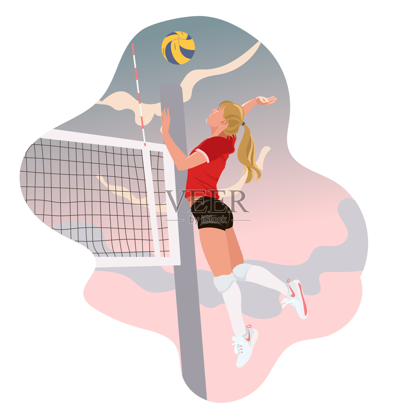 女排进攻排球，女排出网插画图片素材