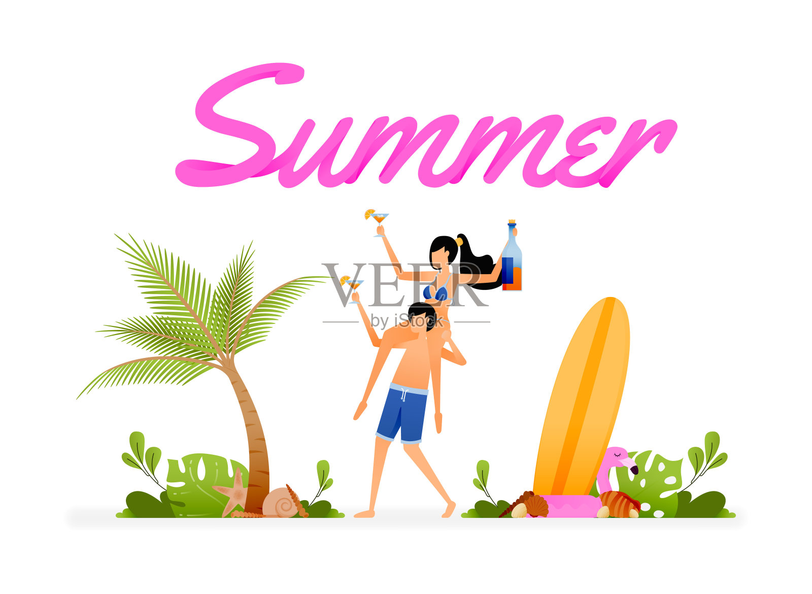 向量插图的夏季写作上面的年轻人在夏季海滩在八月假期聚会。设计可以用来登陆页面，网页，网站，海报，应用程序，小册子广告，传单，名片插画图片素材