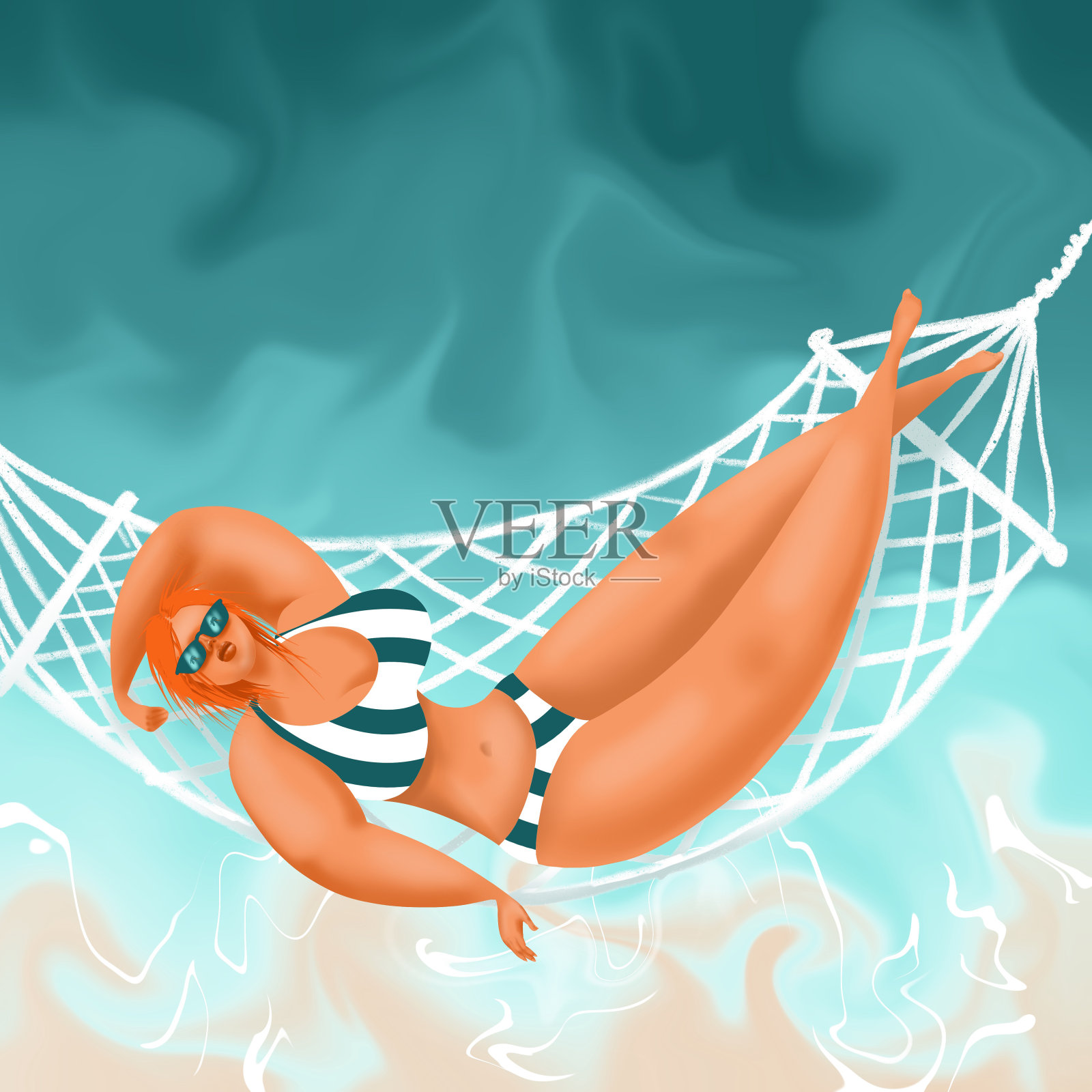 年轻迷人的女性卡通人物穿着比基尼日光浴在一个吊床上在蓝绿色的水的背景下俯瞰海滨。插画图片素材