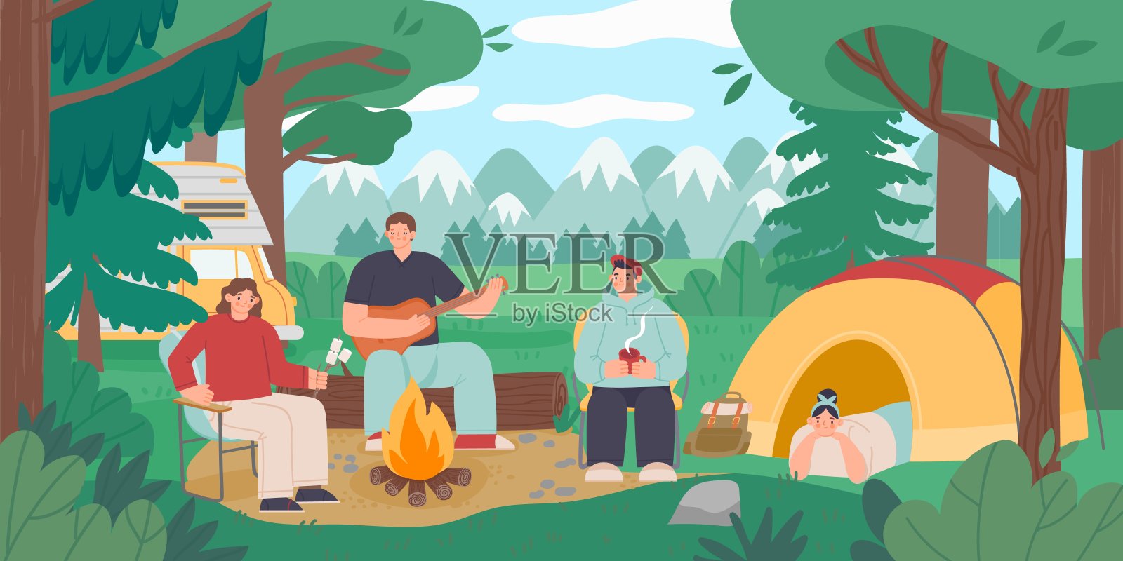 露营的人。游客围坐在大自然的篝火旁，活跃度假景象。矢量图插画图片素材
