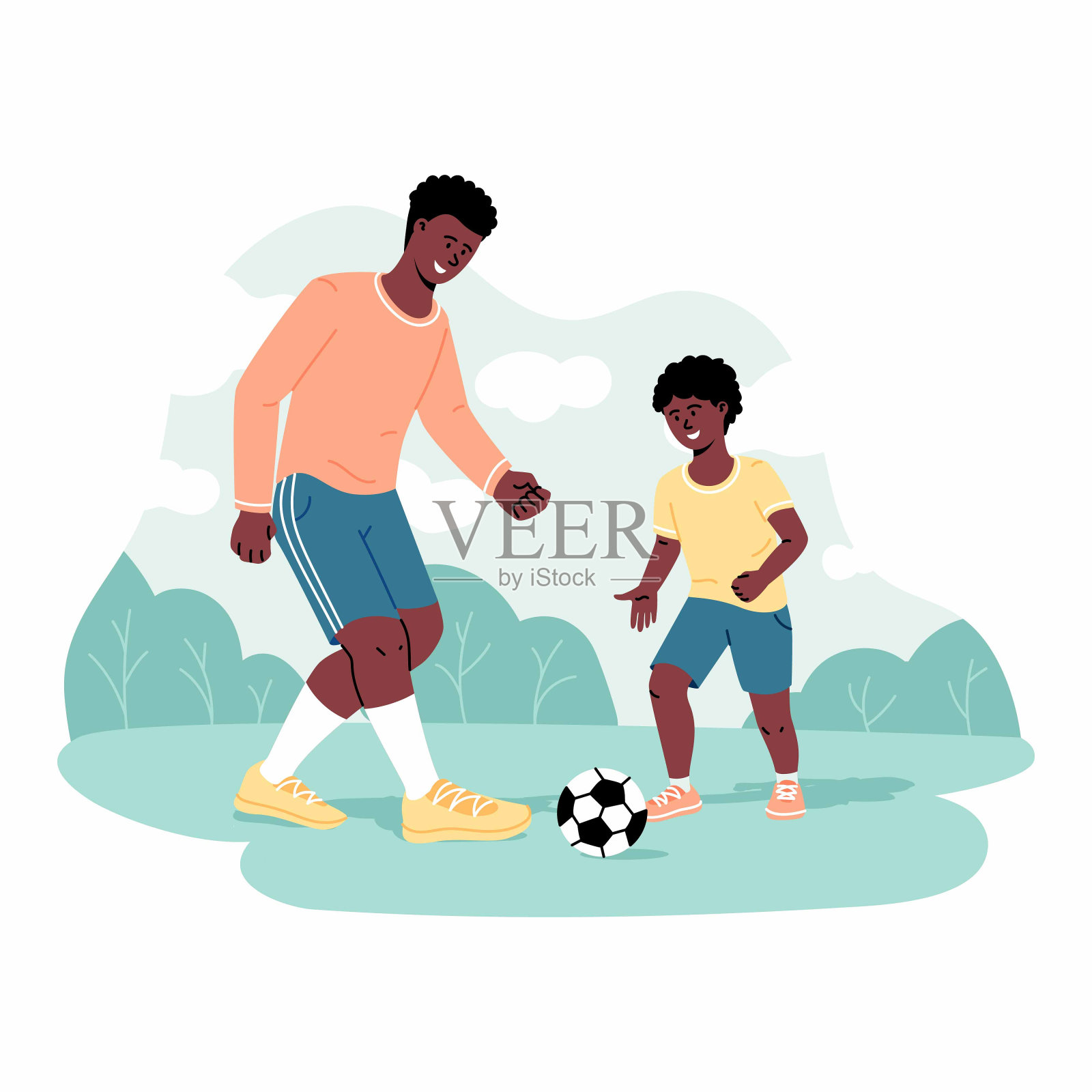 微笑快乐的非洲裔美国父亲和儿子一起玩足球的乐趣。插画图片素材