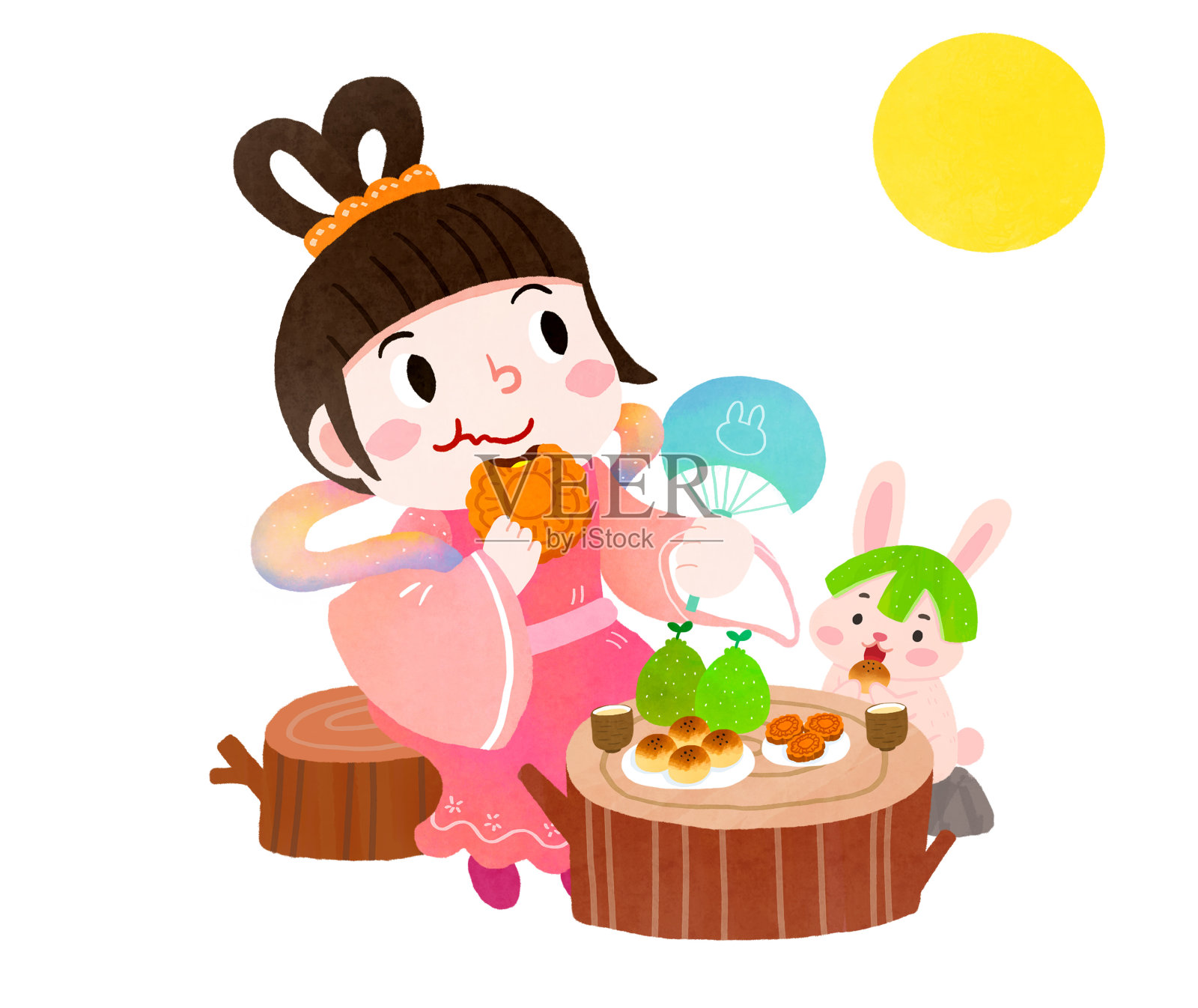 中秋节嫦娥和兔子正在吃月饼插画图片素材