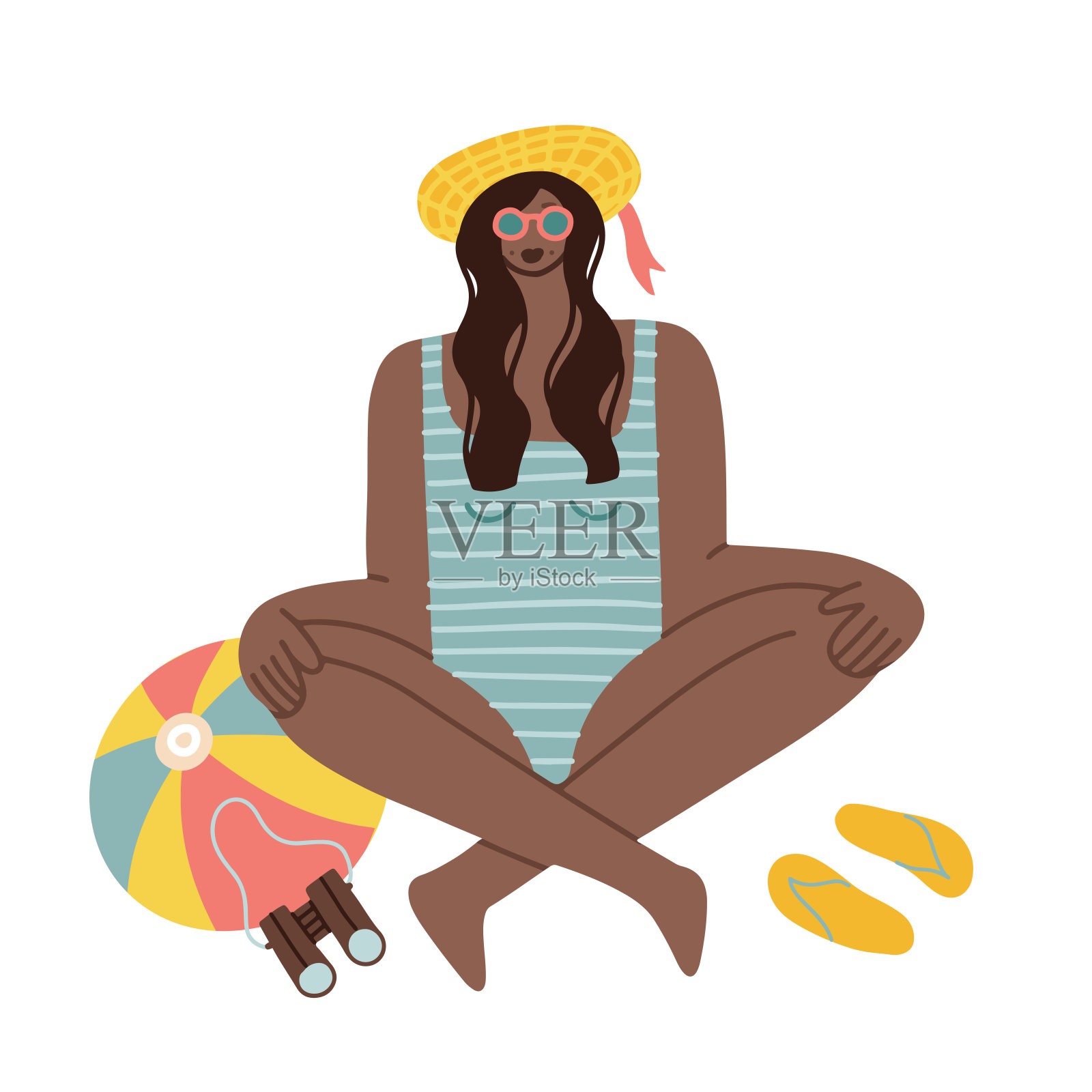 年轻快乐的黑人美国黑人美女穿着泳装坐在海滩上。手绘时髦的平面矢量插图孤立在白色背景。插画图片素材