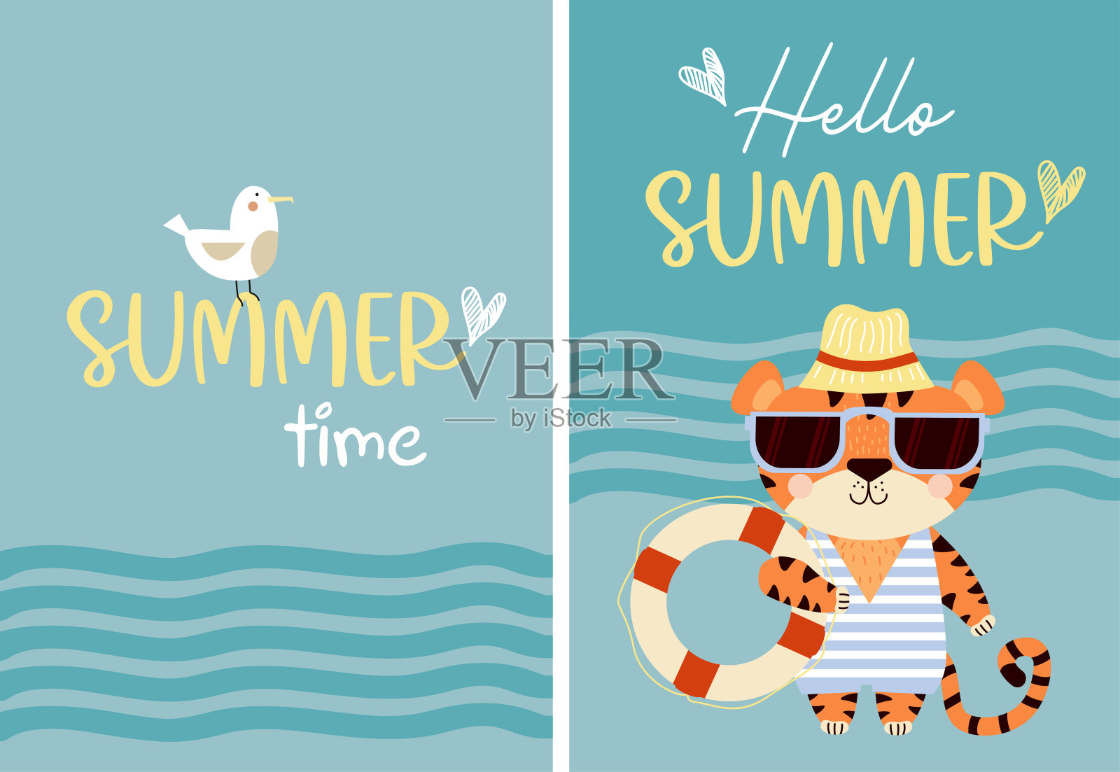 你好,夏天。明信片上印有可爱的老虎、太阳镜、帽子、沙滩装和海鸥救生圈。矢量插图。带着文字的贺卡——夏日时光。用于设计、印刷和装饰插画图片素材
