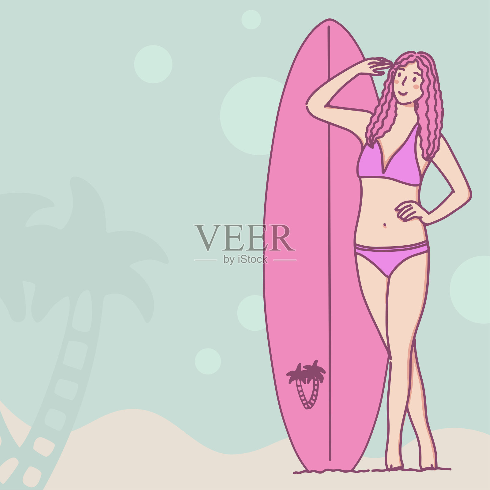 在沙滩上冲浪的女孩。插画图片素材