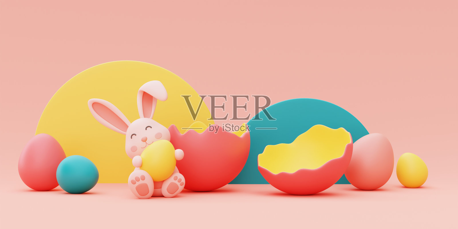 复活节兔子用五颜六色的复活节彩蛋，复活节节日快乐的概念。最小的风格,3 d渲染。照片摄影图片