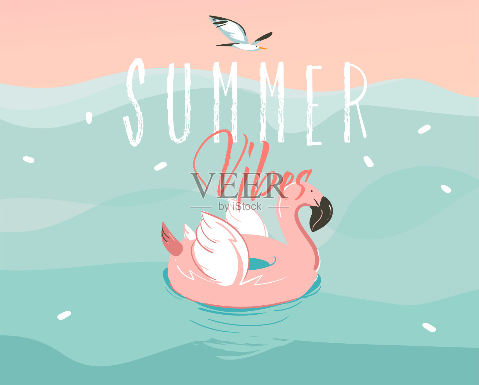 手绘矢量股票抽象图形插图与一个游泳的粉红色火烈鸟橡胶圈在海浪景观和夏季氛围排版文字孤立的蓝色背景插画图片素材