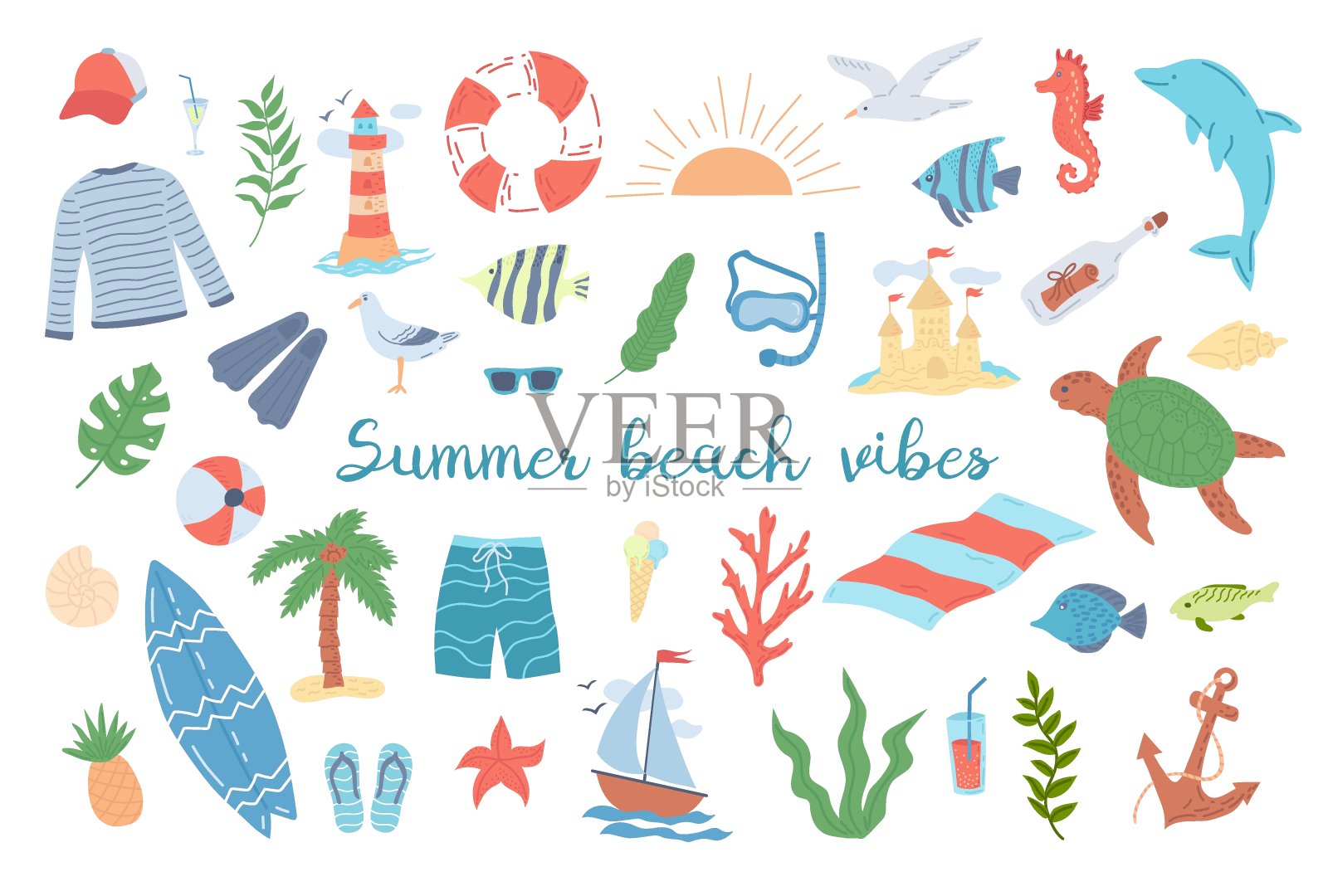夏天和海滩度假，一套项目。平面向量插图插画图片素材