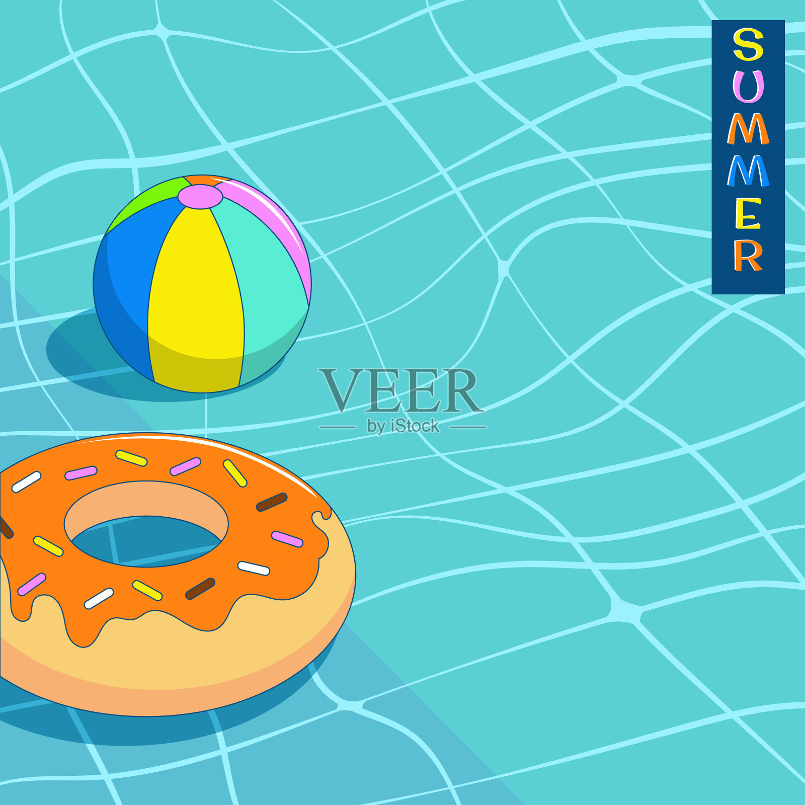 极简主义的夏季游泳池与气球和甜甜圈气球与90的风格插图背景插画图片素材