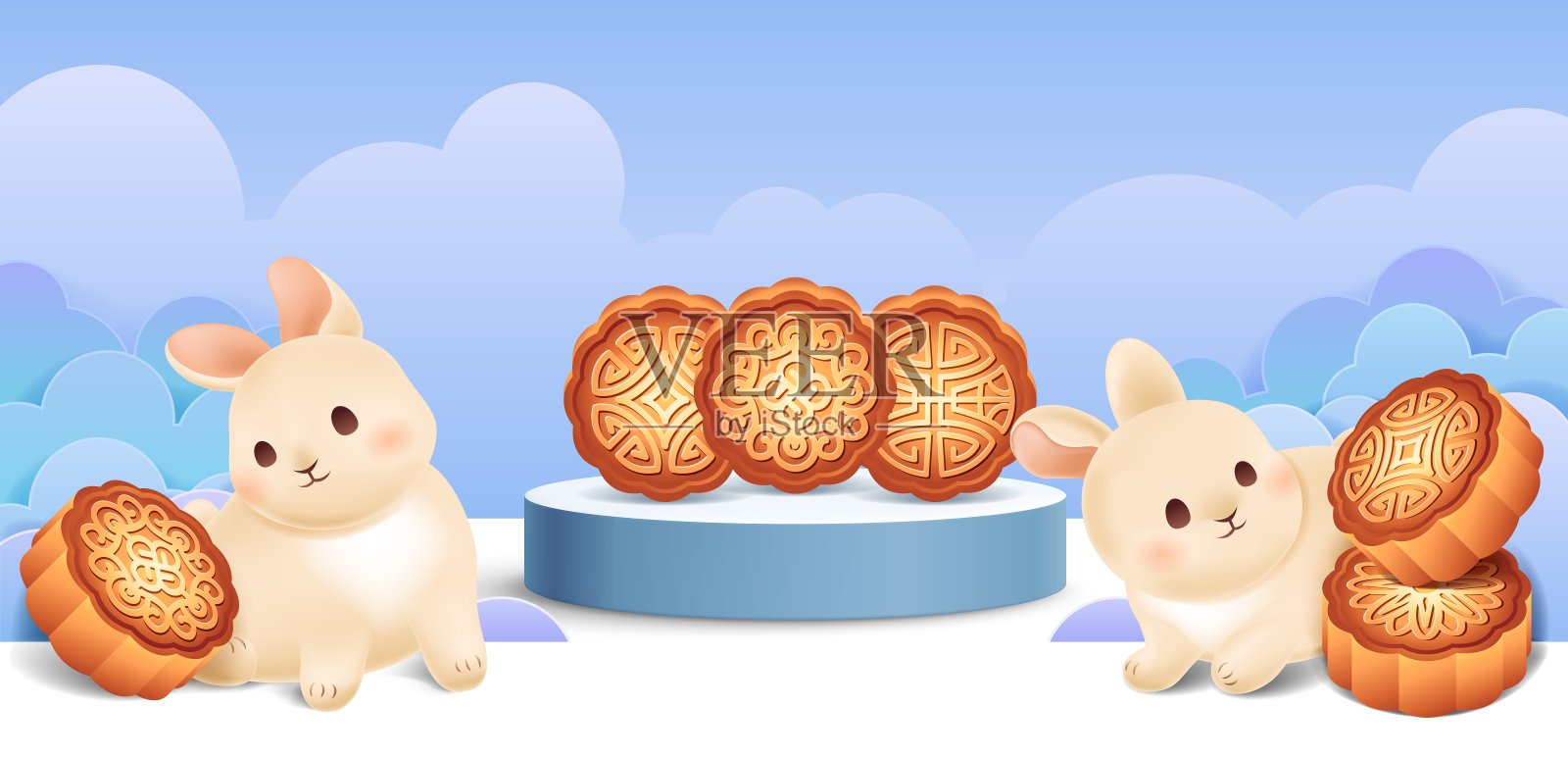 小兔子拿着烤好的月饼坐在白色的讲台上。现代背景为中秋与紫云。中国的传统节日在秋天。矢量插图剪纸模板插画图片素材