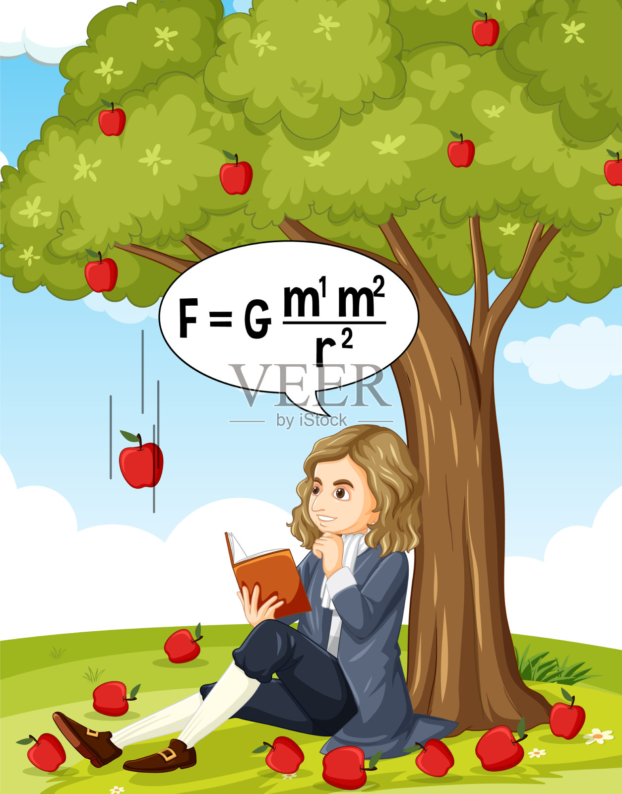 艾萨克·牛顿坐在苹果树下插画图片素材