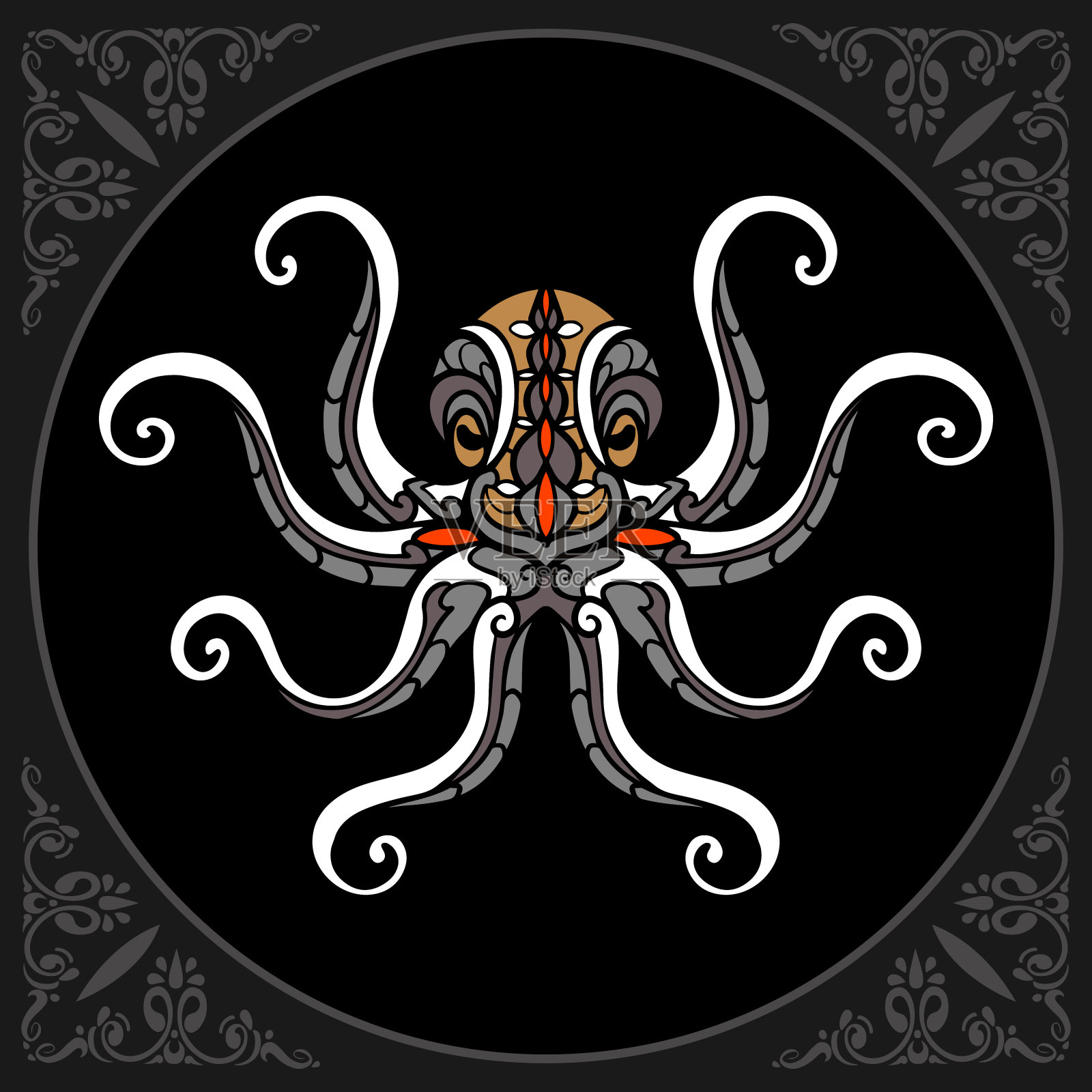 彩色海怪章鱼艺术孤立在黑色背景。插画图片素材_ID:424650523-Veer图库
