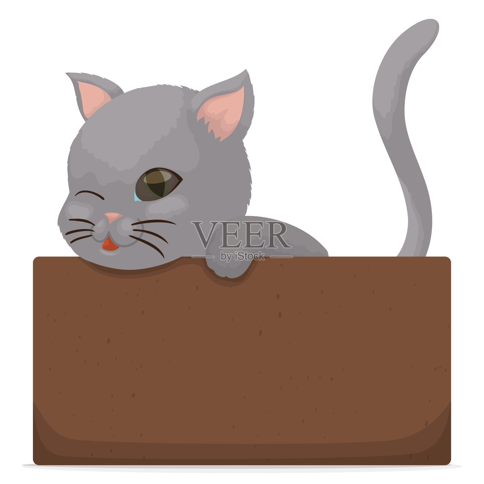 可爱的灰色小猫在纸箱里玩，矢量插图插画图片素材